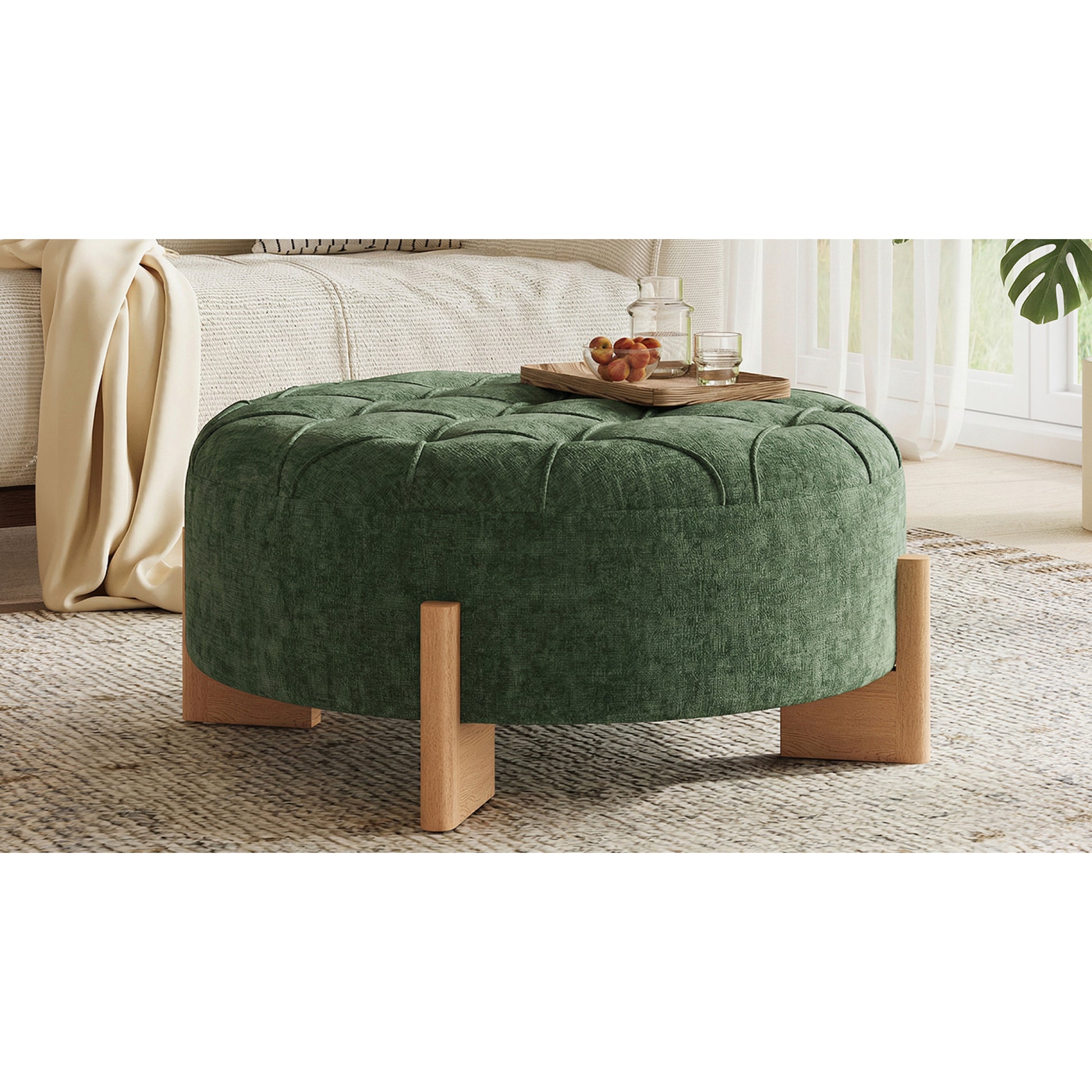 variant-group:rf-n723p405298g|Roomfitters 32 Inch Oversized Round Button-Tufted Ottoman, Upholstered Coffee Table Footrest with Wood Legs, Green
