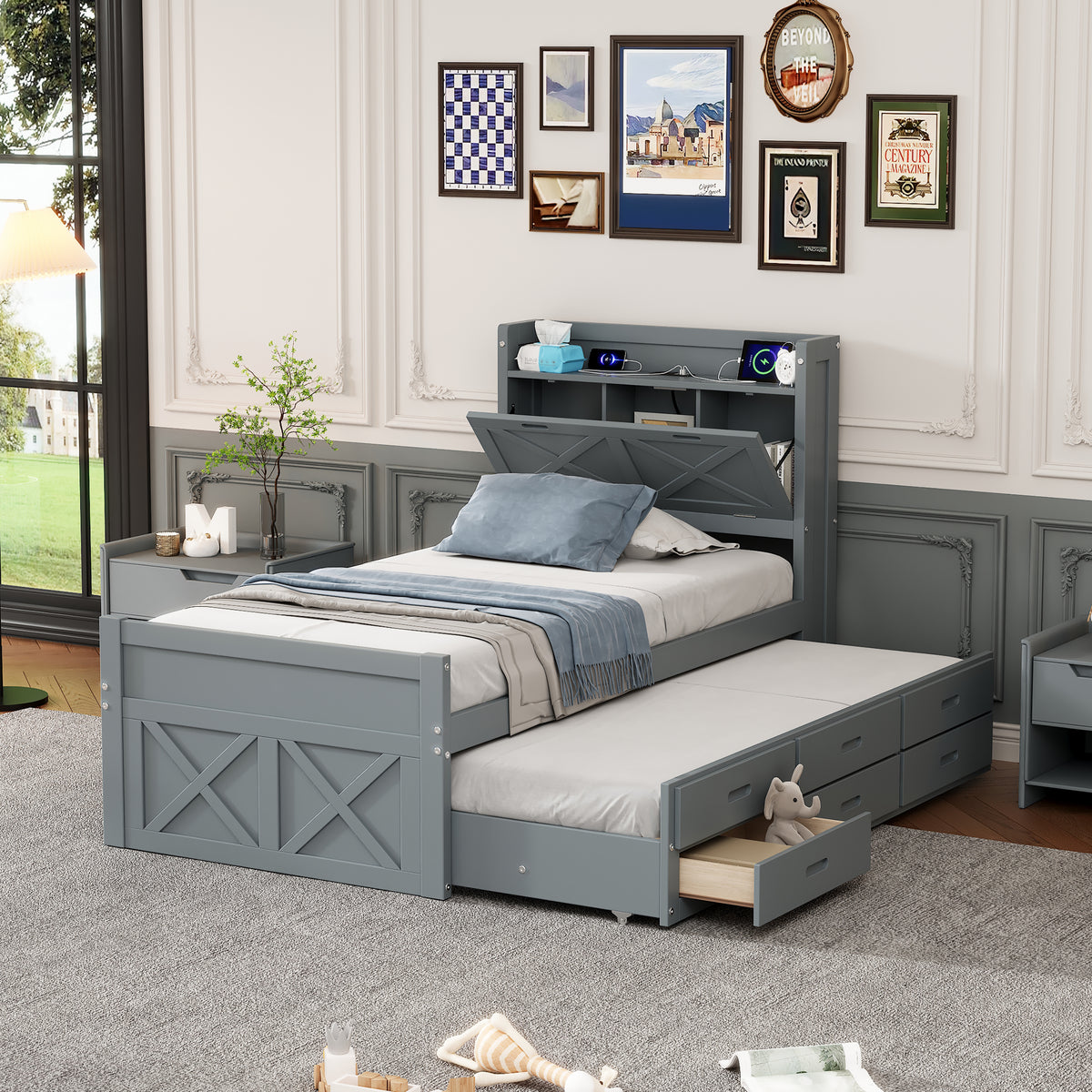 variant-group:rf-n733s172839e|Roomfitters Twin Size Wooden Bed with Storage Headboard, Convenient Outlets, Extendable Frame with Twin Trundle and Ample Storage, Gray