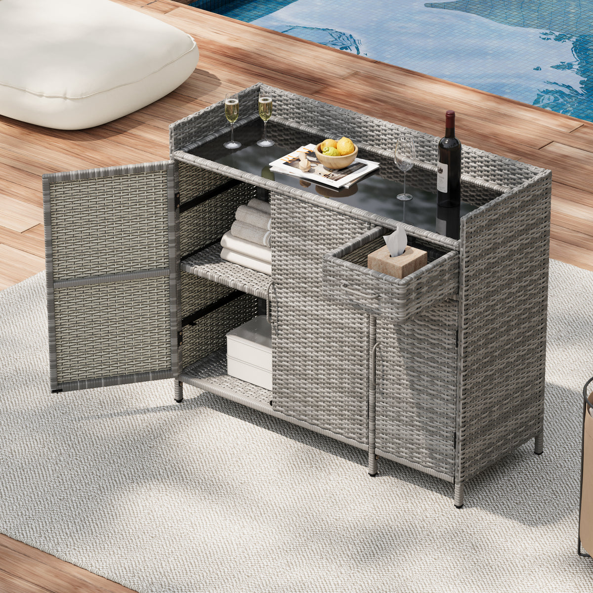 variant-group:rf-n707p233745g|Roomfitters 47.5" Wicker Outdoor Storage Cabinet, Rattan Bar Table with Glass Top, Adjustable Shelf, 3 Doors, Grey