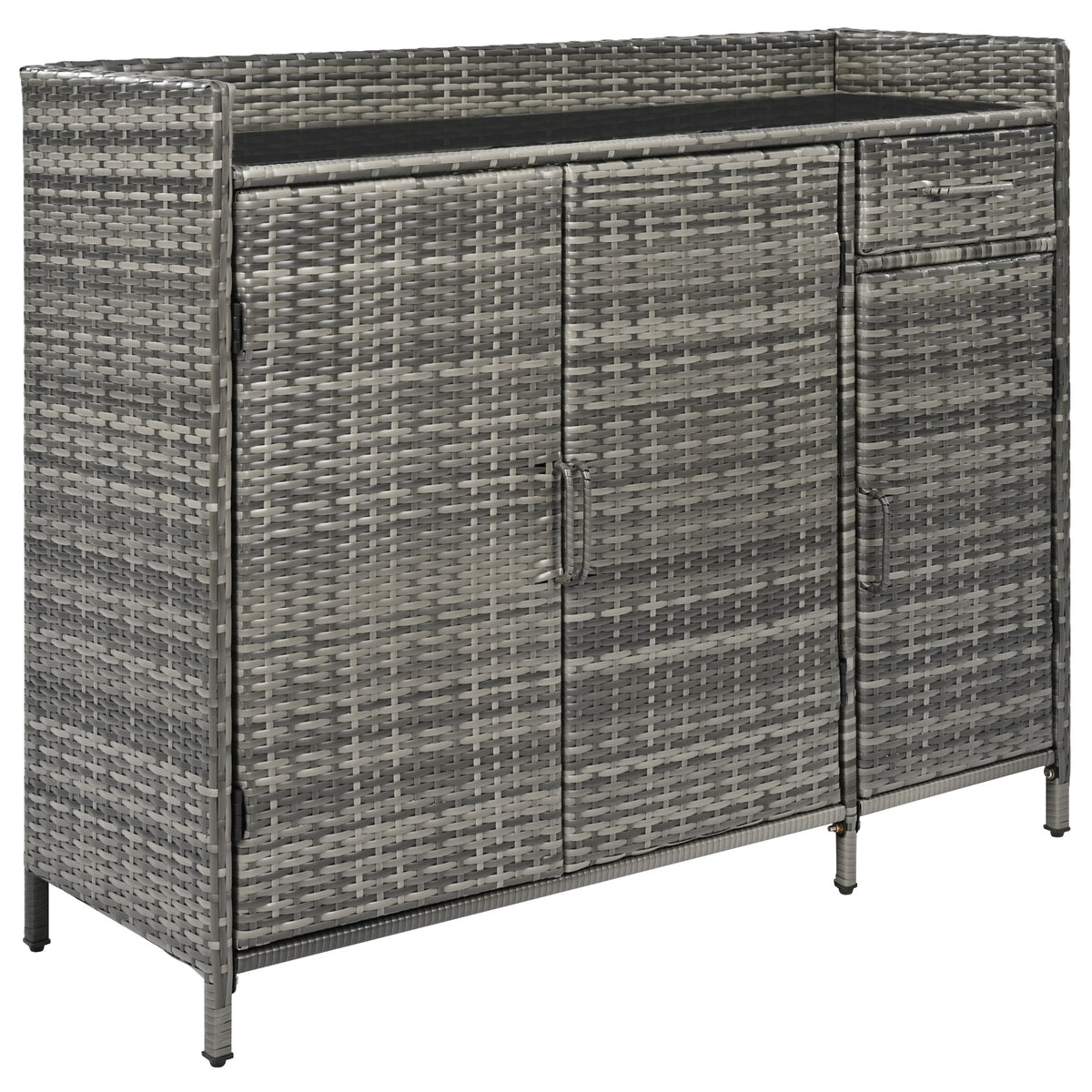 variant-group:rf-n707p233745g|Roomfitters 47.5" Wicker Outdoor Storage Cabinet, Rattan Bar Table with Glass Top, Adjustable Shelf, 3 Doors, Grey