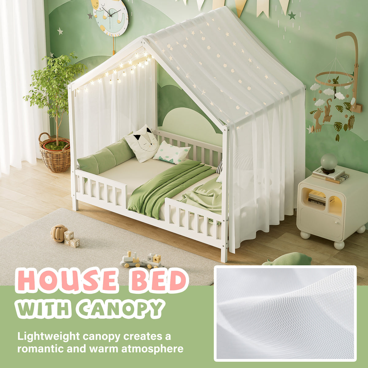 variant-group:rf-n733p356048k|Roomfitters Full Montessori Floor Bed with Canopy, House Shape Wood Frame with Safety Rails, Platform Bed, White