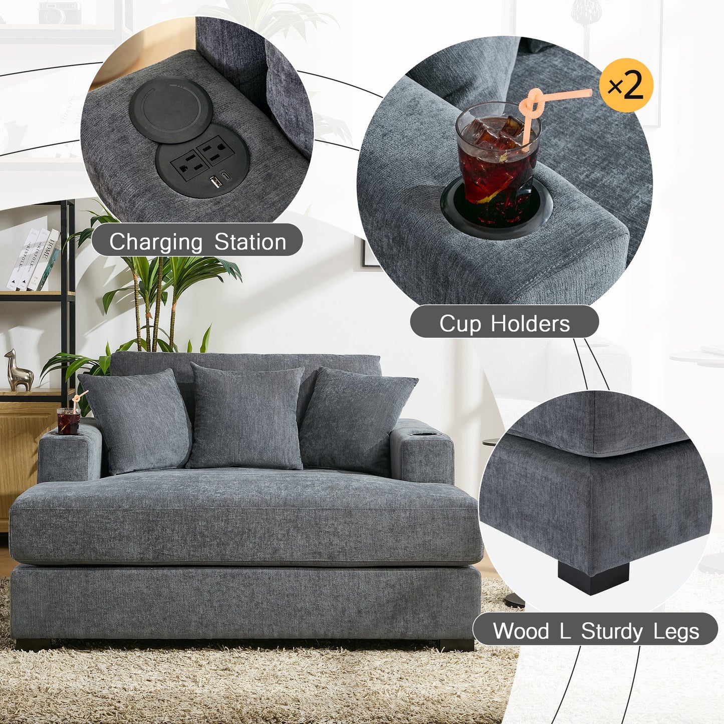 Roomfitters Oversized Chaise Lounger Sofa Couch, Upholstered Accent Chair Charge Station Cup Holders, Blue Gray