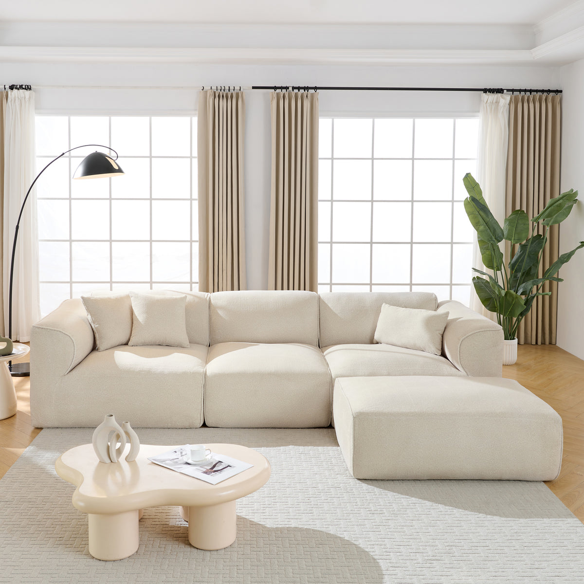 variant-group:rf-n711wy000464aaa|Roomfitters Double-needle Cut Velvet Sofa, 4-Seater Modern Modular Sectional Couch with Movable Ottoman for Living Room, Beige