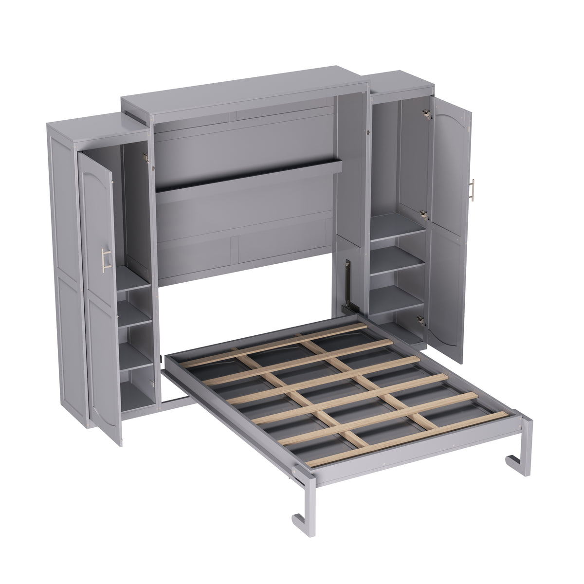 variant-group:rf-n733s235596e|Roomfitters Full Murphy Wall Bed with Two Wardrobes and Storage Shelf, Foldable Platform Bed Frame for Guest Room, Gray
