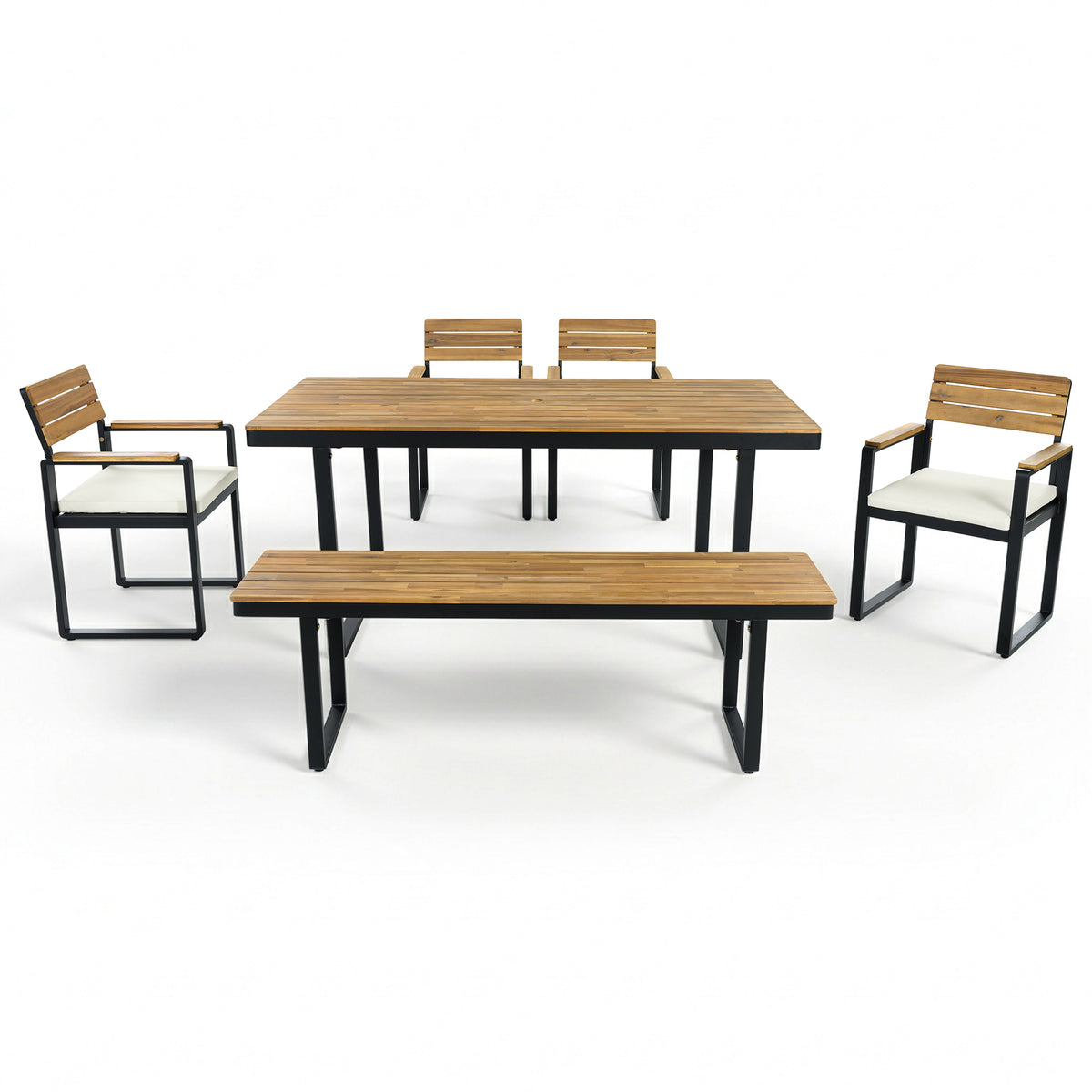 variant-group:rf-n704g201255a|Roomfitters 6-Piece Solid Acacia Wood Patio Dining Set with Steel Frames and Cushion Chairs Beige