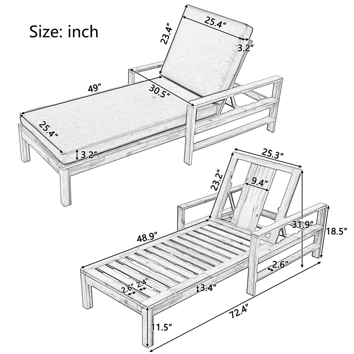 Roomfitters Modern Acacia Wood Outdoor Patio Chaise Lounge Chairs, Set of 2 Wide-Deck Reclining Sunbeds, Beige Roomfitters