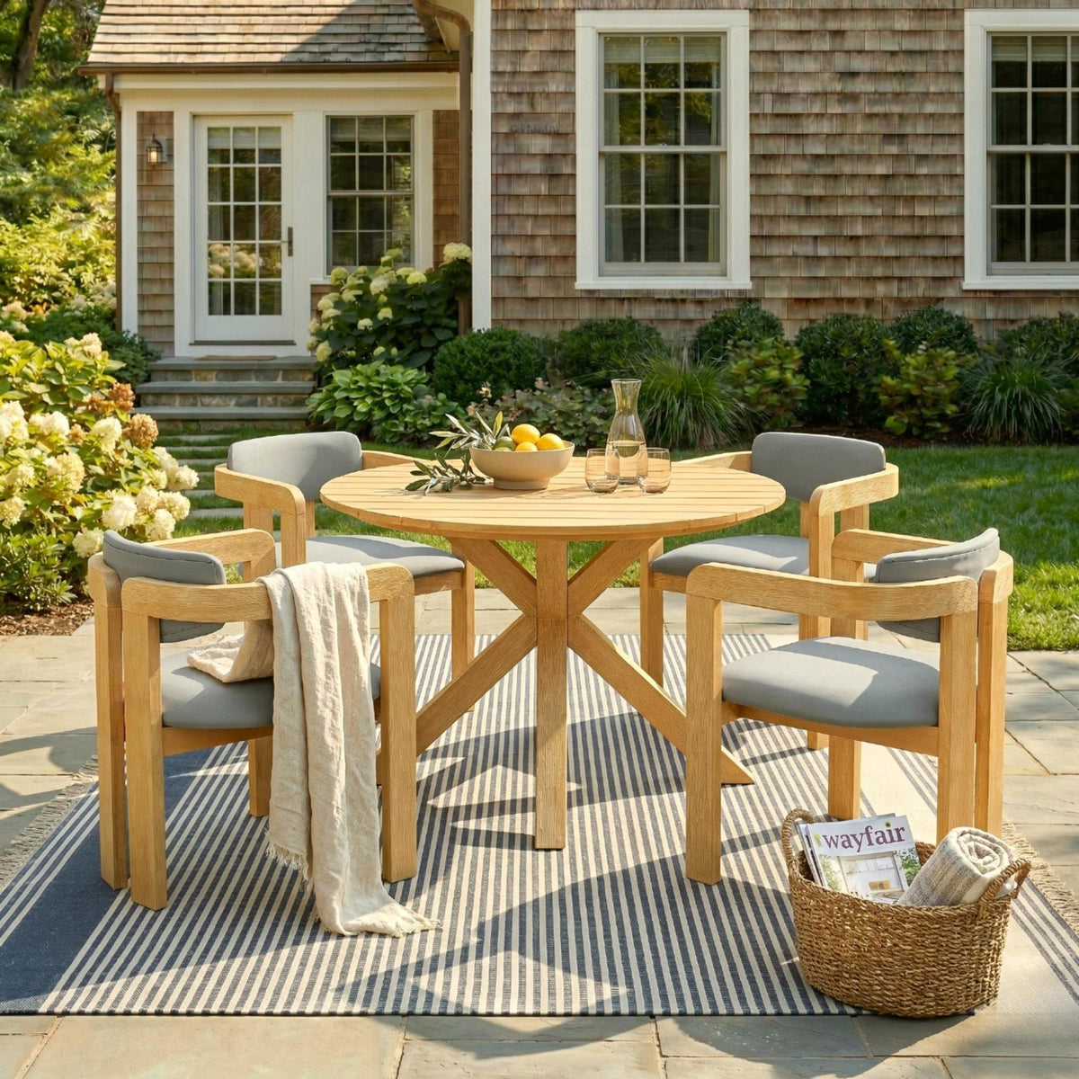 variant-group:rf-n704g201258l|Roomfitters 5-Piece Outdoor Acacia Wood Round Dining Set with Ergonomic Barrel Armchairs Gray Cushions