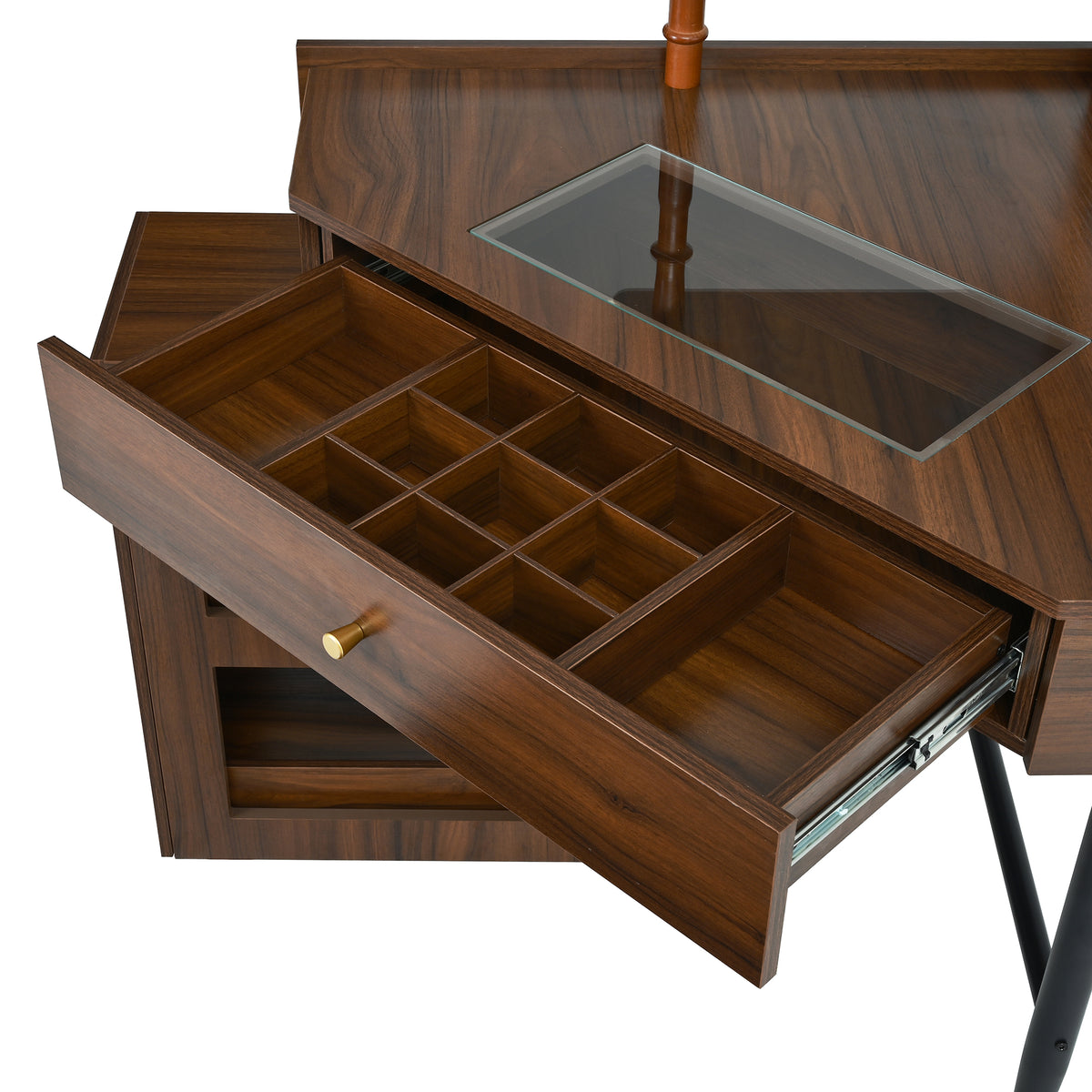 variant-group:rf-n733p336237d|Roomfitters Corner Vanity Desk Set with Stool, Charging Station, Glass Top, Drawer, Shelf, Pull-Out Cabinet, Walnut
