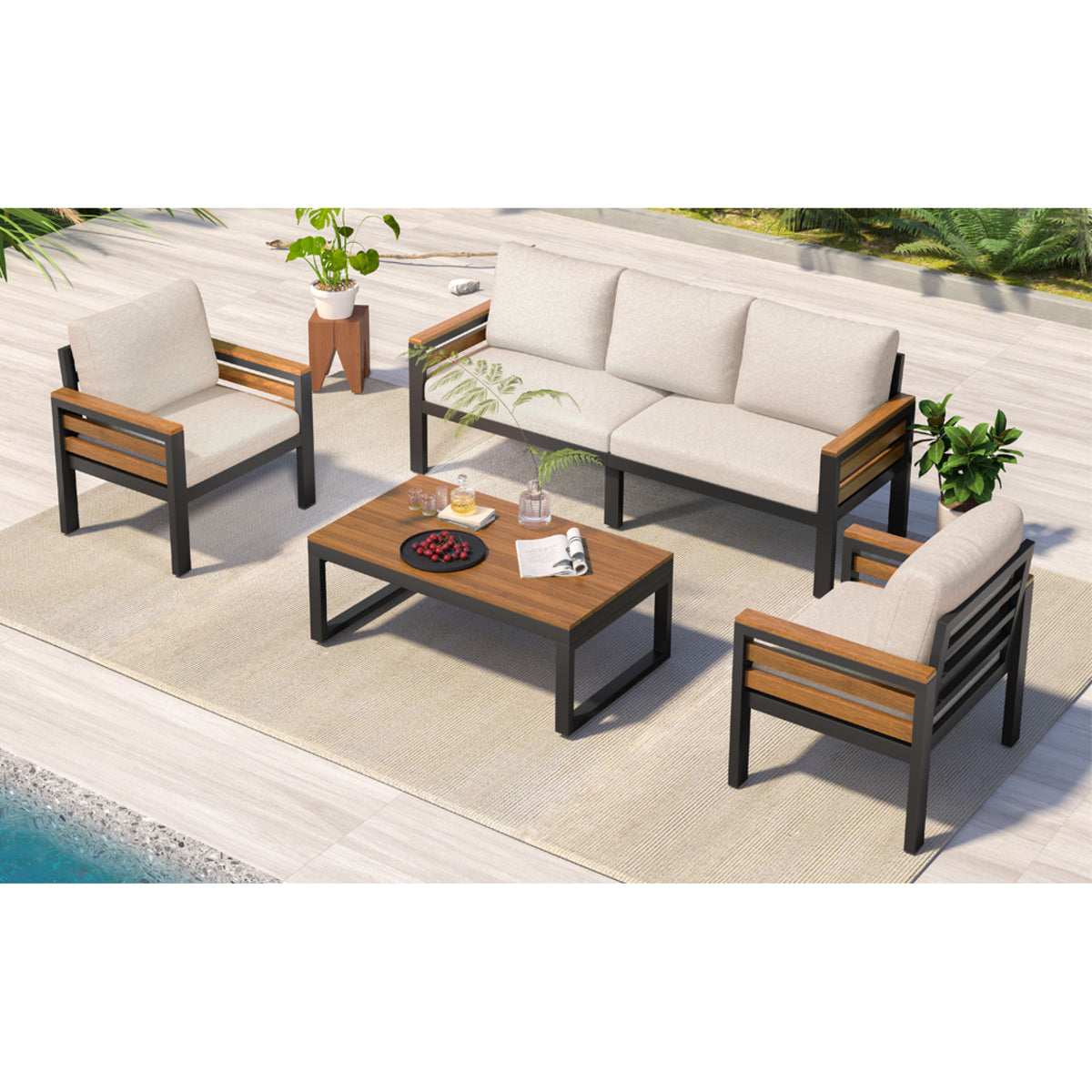 variant-group:rf-n704f201246a|Roomfitters 4-Piece Outdoor Patio Furniture Set with 3-Seater Sofa, 2 Armchairs and Coffee Table, Wood Accents, Beige