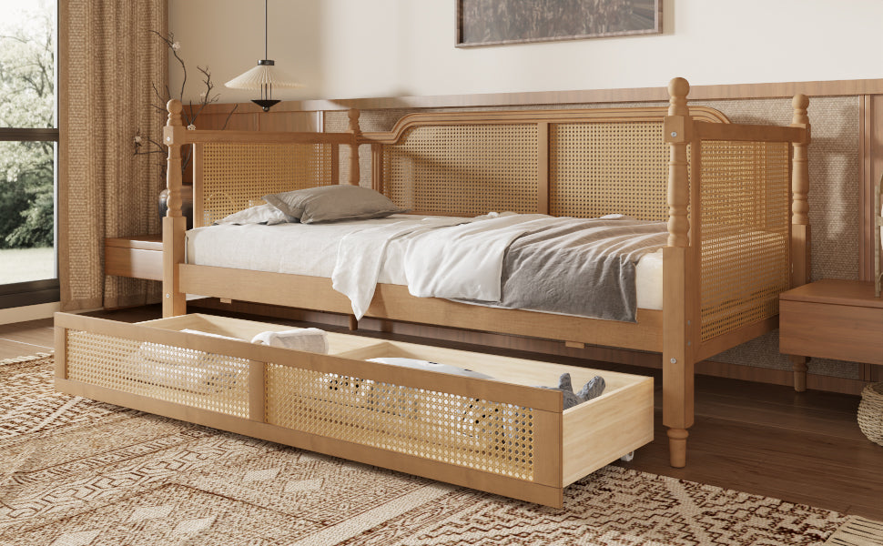 variant-group:rf-n701bs701p415472d|Roomfitters Twin Size Traditional Rattan Daybed Frame with 2 Storage Drawers, French Country Wood Bed, No Box Spring, Walnut