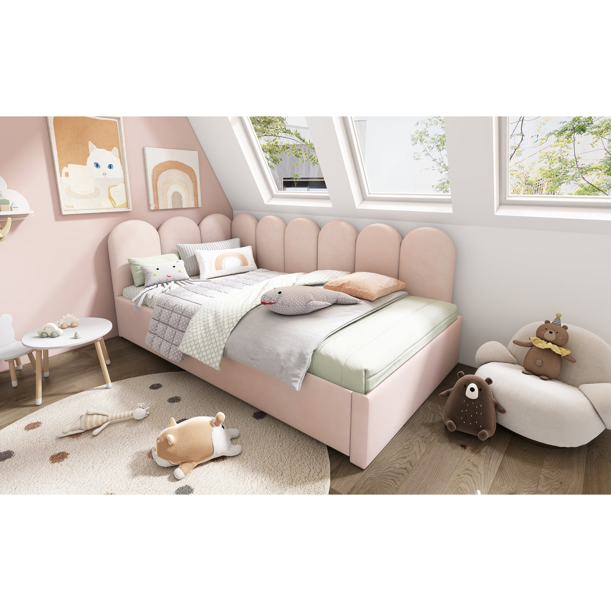 variant-group:rf-n736aa20362122p|Roomfitters Velvet Upholstered Twin Daybed with Pull Out Trundle, Sofa Bed with Metal Slat Frame, Pink