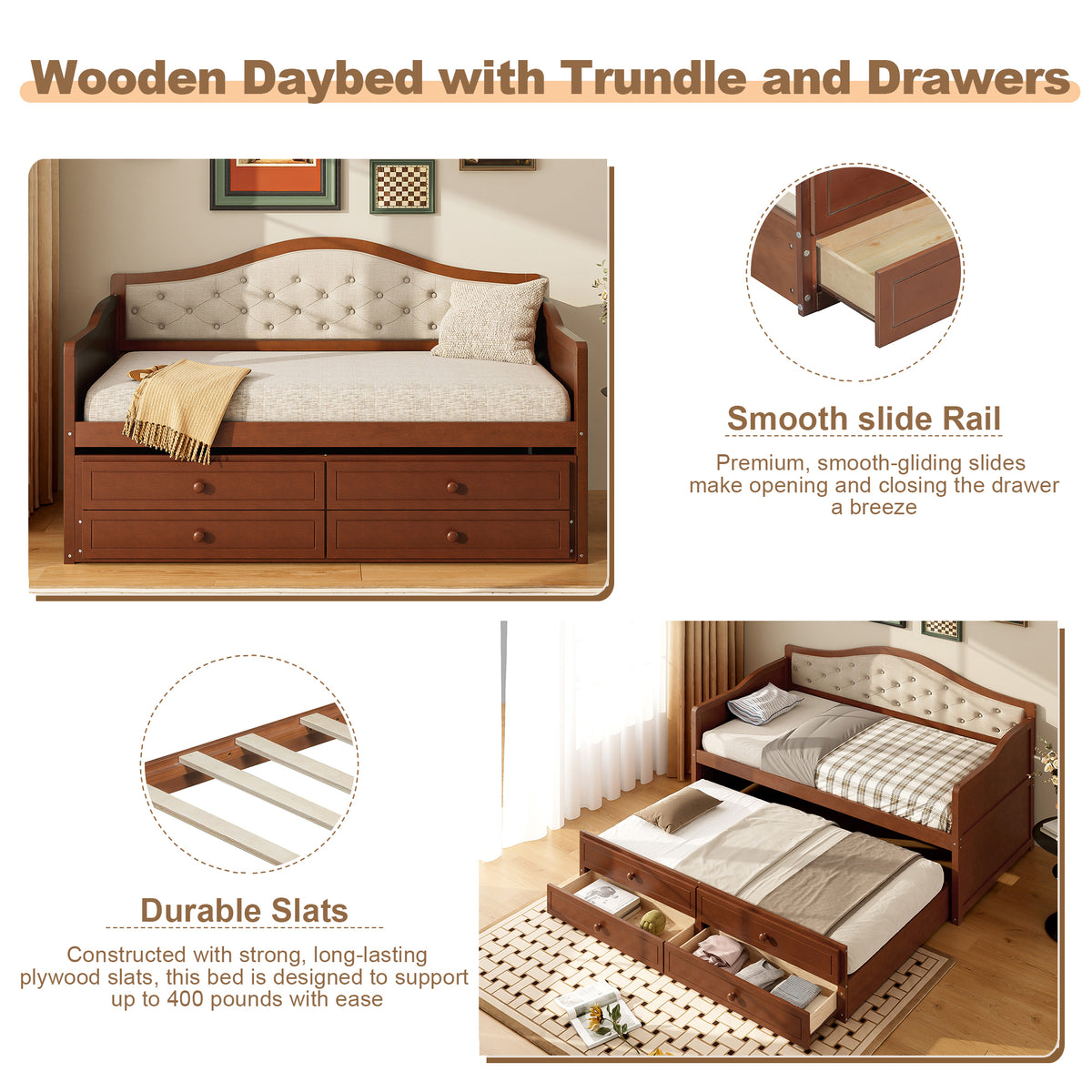 variant-group:rf-n733s346767d|Roomfitters Twin Daybed with Trundle, Wooden Sofa Bed with 2 Storage Drawers & Tufted Backrest, Walnut