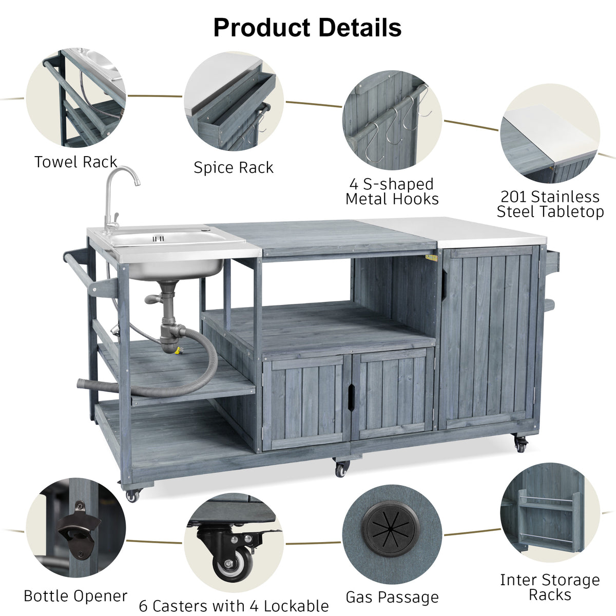 variant-group:rf-n707s000022g|Roomfitters 75.4" Outdoor Kitchen Island with Sink, Fir Wood Grill Cart for XL Green Egg & Tabletop Grills, Grey Blue