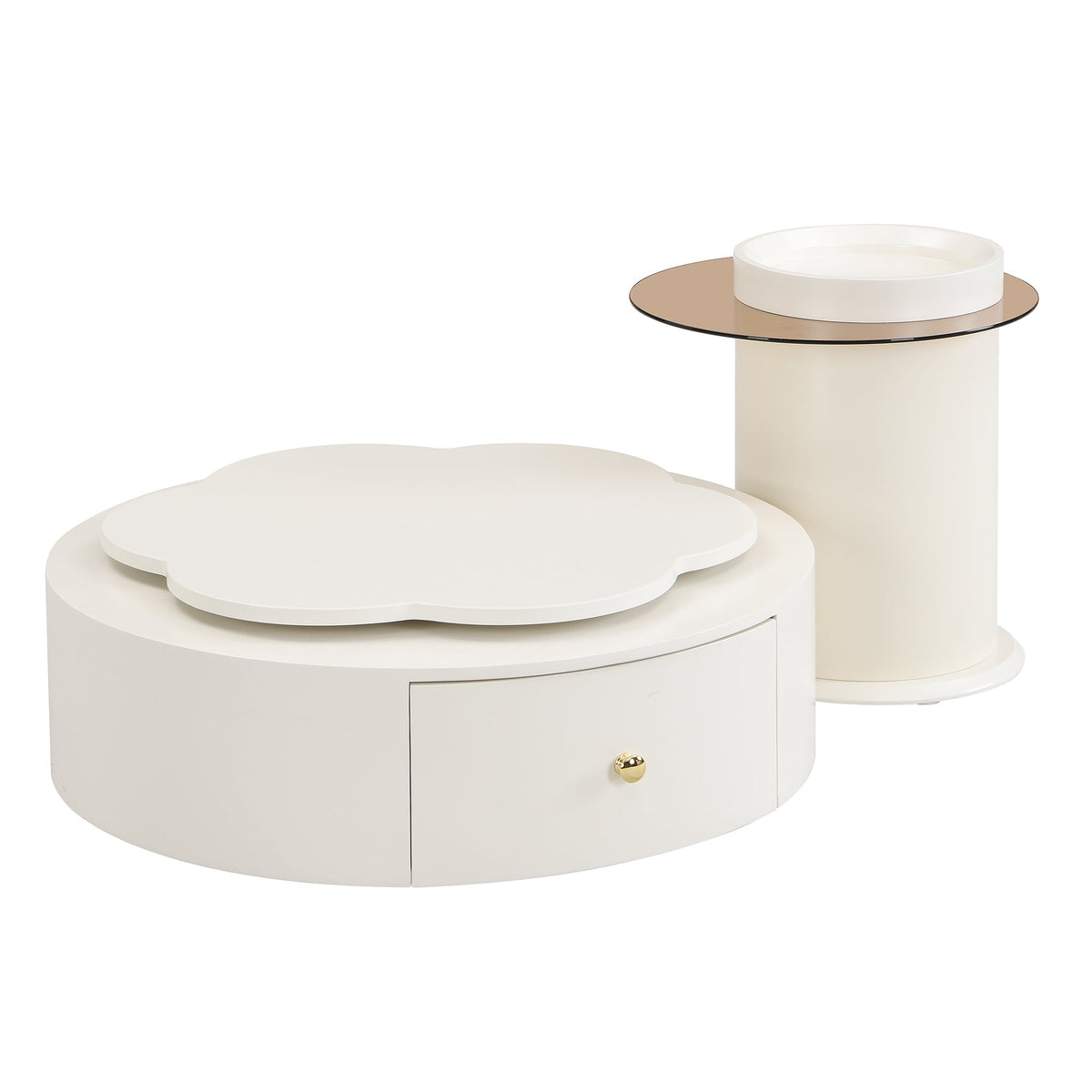 Roomfitters Rotatable Round Coffee Table Set of 2 with Flower-Shaped Top and Glass End Table, Off White Roomfitters