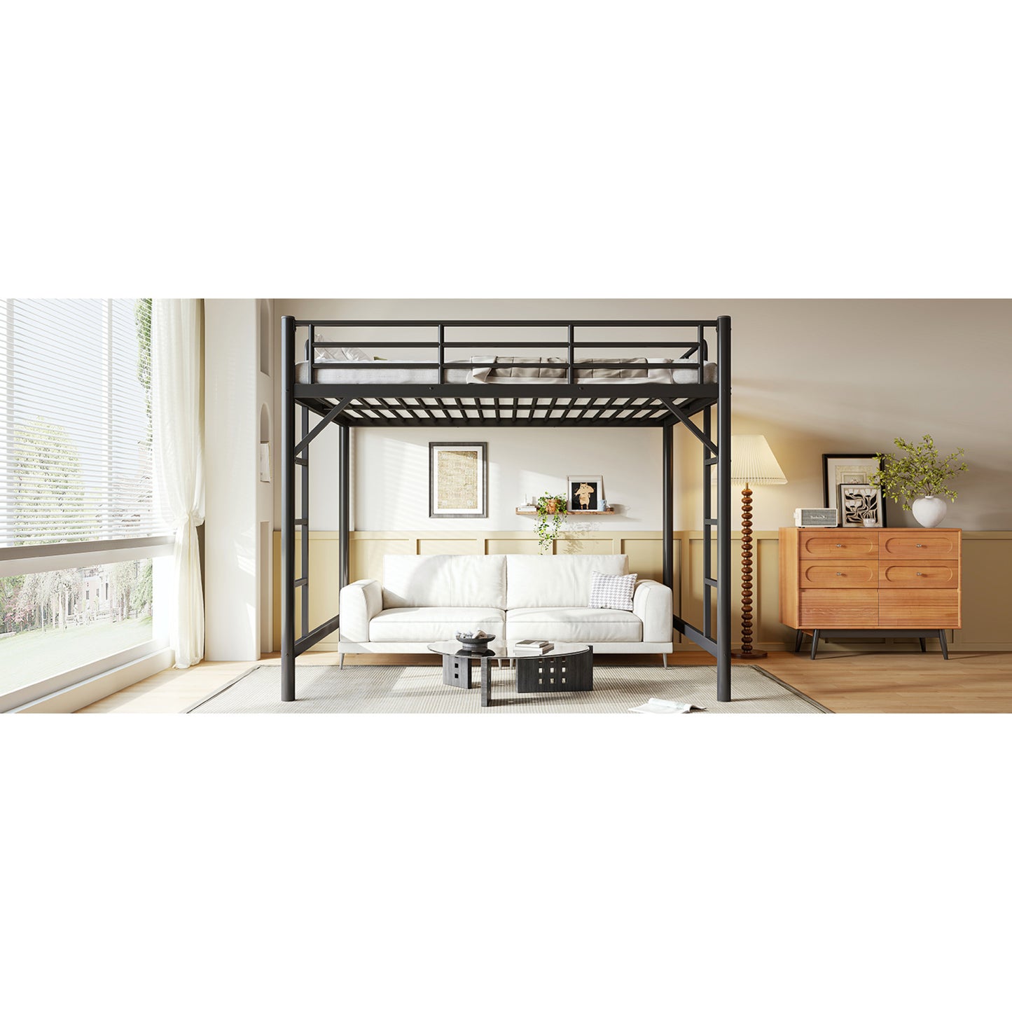 variant-group:rf-w1580p455017|Roomfitters Queen Size Metal Loft Bed Frame with Guardrails, Heavy Duty Space Saving High Loft Bed Dual Ladders, Black