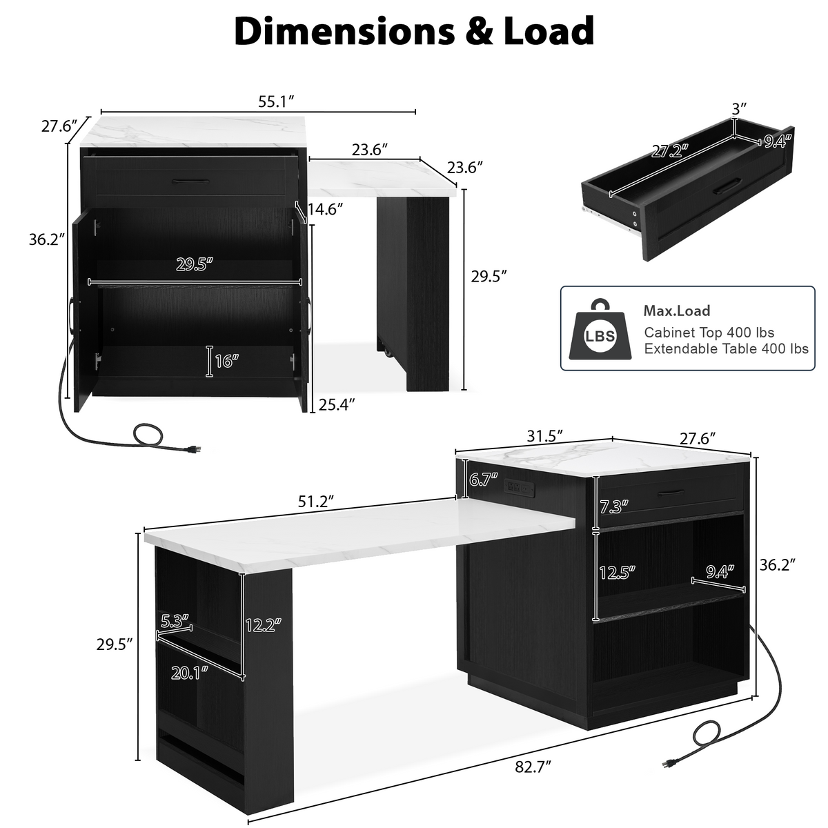 variant-group:rf-n707s000010b|Roomfitters 82.7" Kitchen Island with Extendable Table, Faux Marble Top, Double Storage, Power Outlet, Black