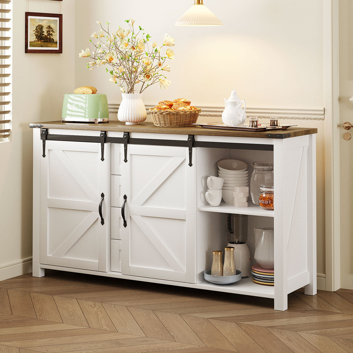 variant-group:rf-n711p347377k|Roomfitters 55.1" Storage Cabinet with 4 Drawers and Sliding Barn Doors, Farmhouse Sideboard Buffet for Kitchen & Dining, White