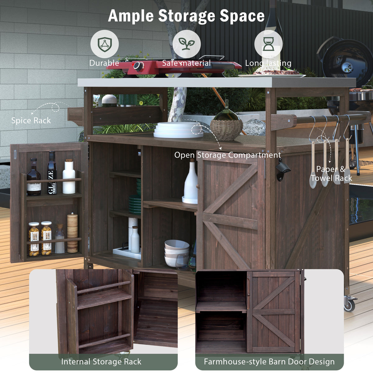 variant-group:rf-n707wf532198aaz|Roomfitters Outdoor Kitchen Island Rolling Bar Cart & Storage Cabinet, Farmhouse Solid Wood Outdoor Grill Table with Stainless Steel Top, Spice Rack, Towel Rack for Kitchen & Barbecue, Dark Brown