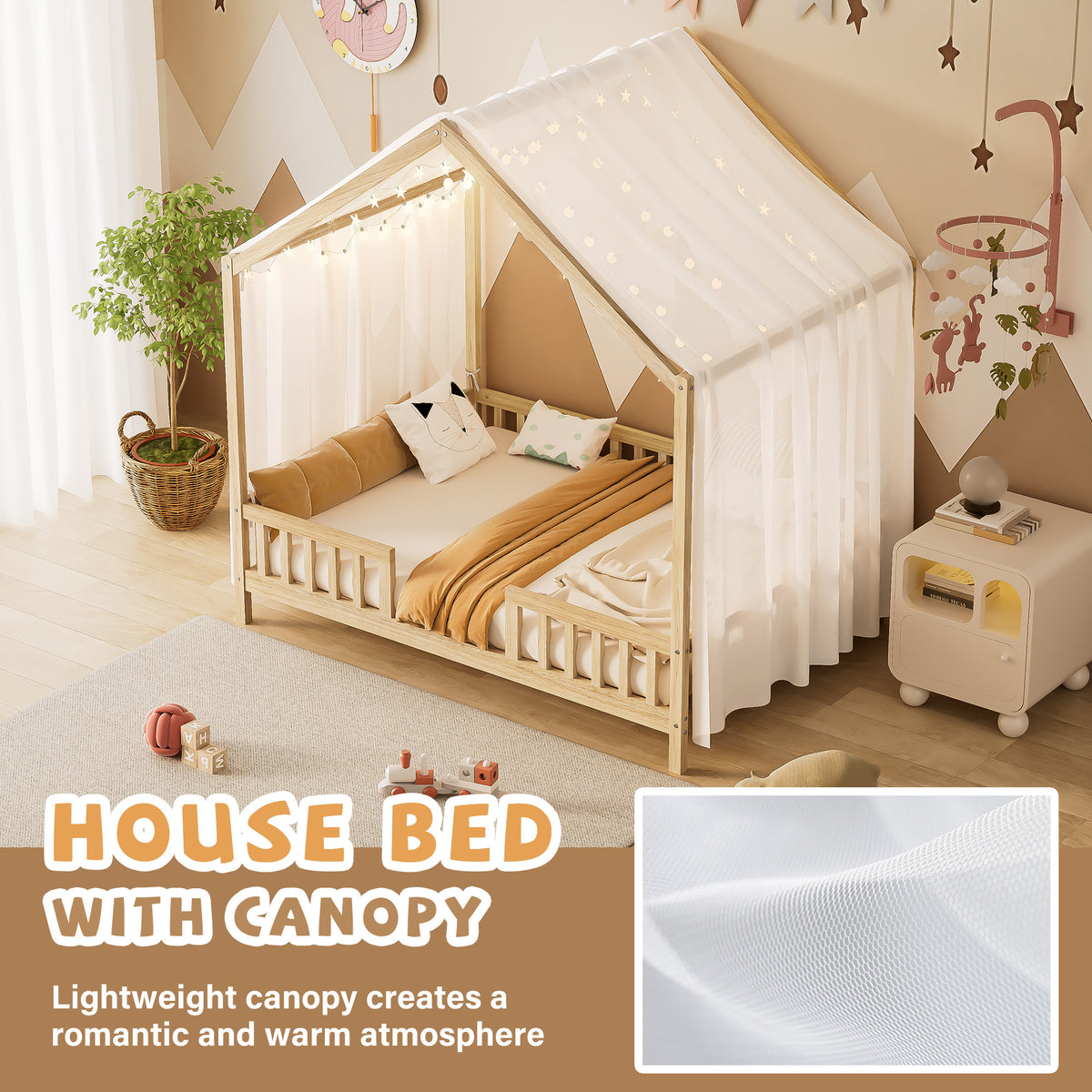 variant-group:rf-n733p356048m|Roomfitters Full Montessori Floor Bed with Canopy, House Shape Wood Frame with Safety Rails, Platform Bed, Natural