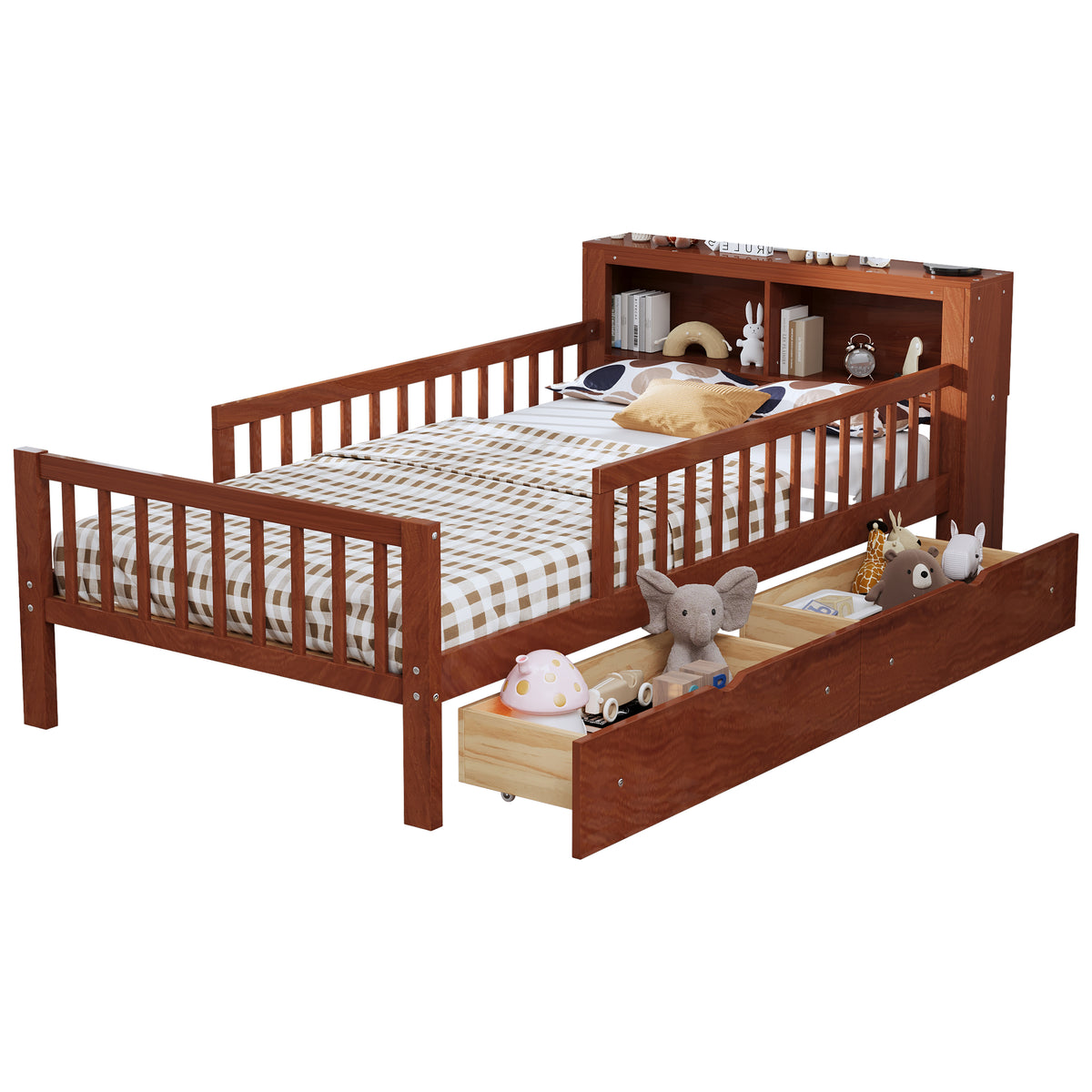 variant-group:rf-n733p272374d|Roomfitters Twin Bed with Headboard Storage Rack, Under-Bed Storage and Three-Side Guardrails, Walnut