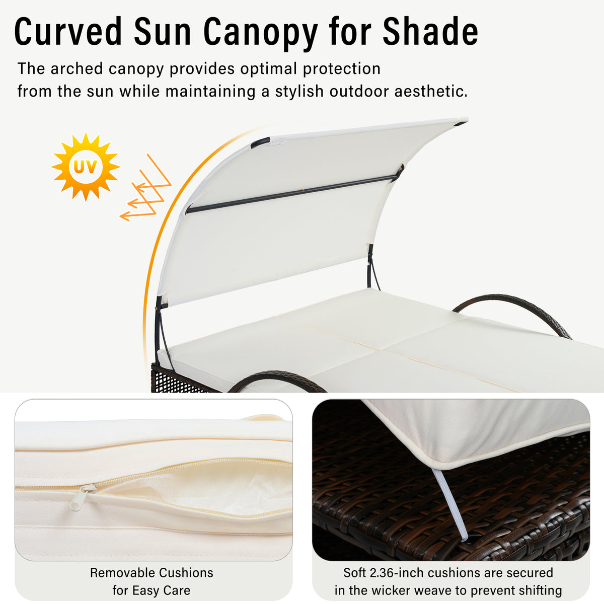 variant-group:rf-n711wy000485aaa|Roomfitters Beige HDPE Wicker Outdoor Double Sunbed, Steel Frame Patio Chaise, Hidden Side Tables, Canopy Shade