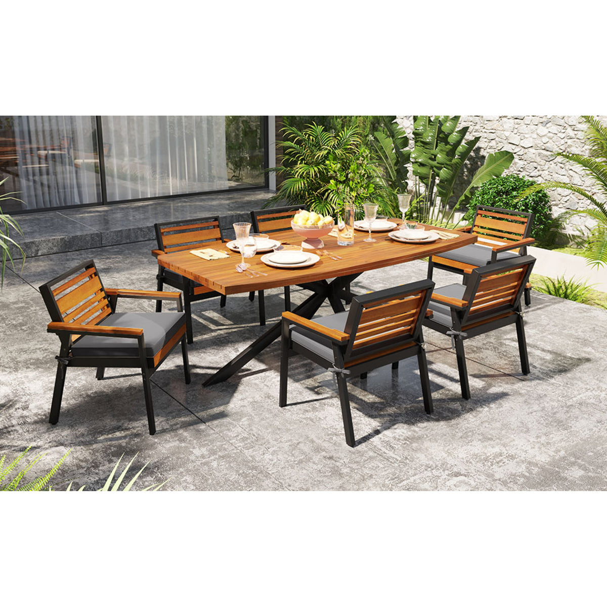 variant-group:rf-n704g201259e|Roomfitters Modern 7-Piece Patio Dining Set with Powder-Coated Iron Frame and Detachable Gray Cushions
