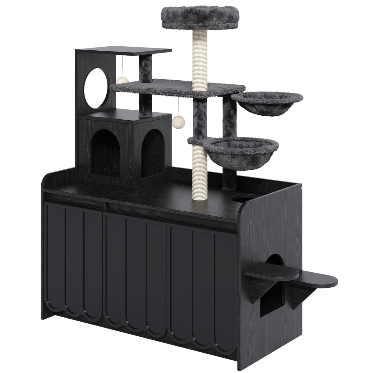 variant-group:rf-n704p443505b|Roomfitters All-in-One Modern Multi-Level Cat Tree Tower Condo with Hidden Litter Box Enclosure Space Black