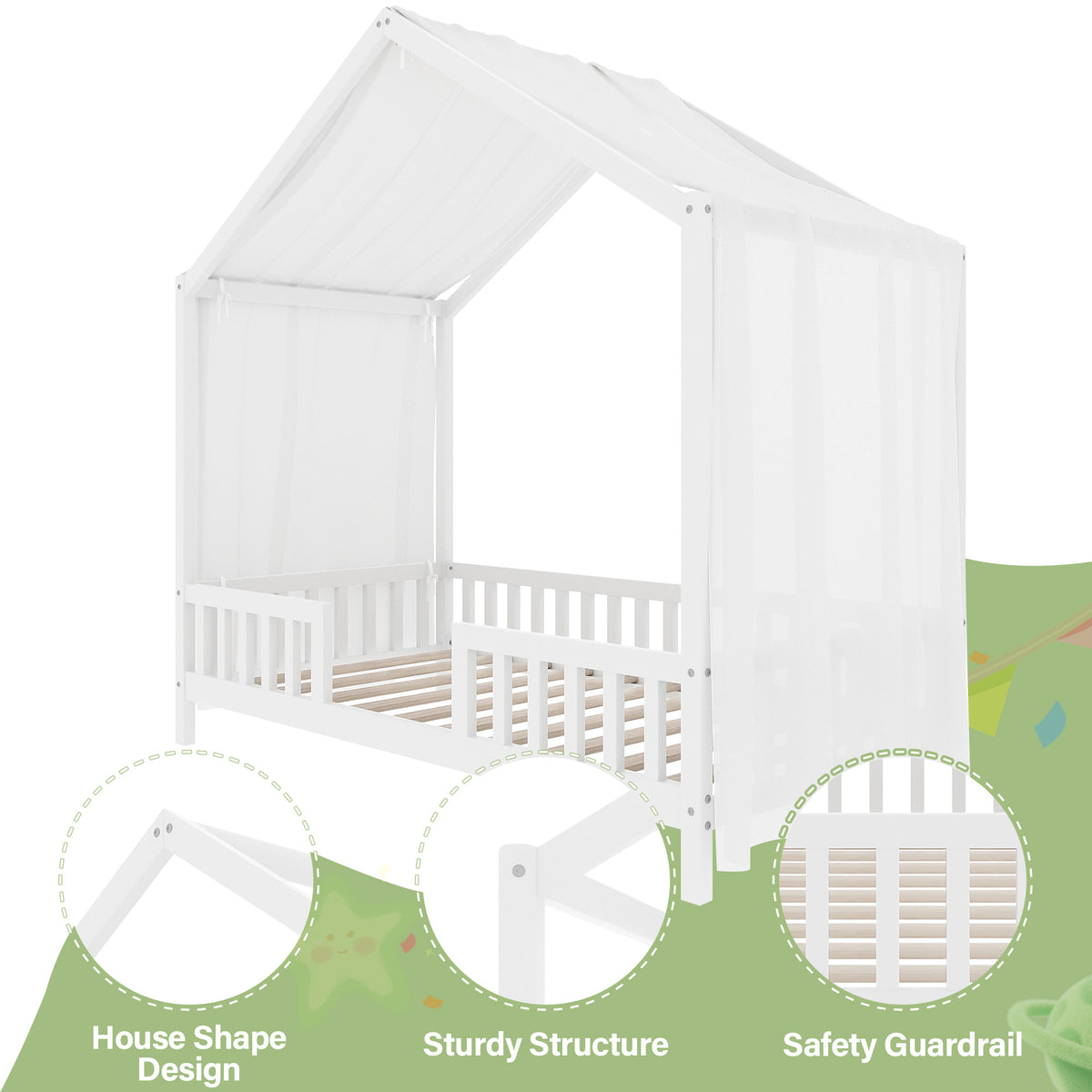 variant-group:rf-n733p356043k|Roomfitters Twin Montessori Floor Bed with Canopy, House Shape Wood Frame with Safety Rails, Youth Platform Bed, White