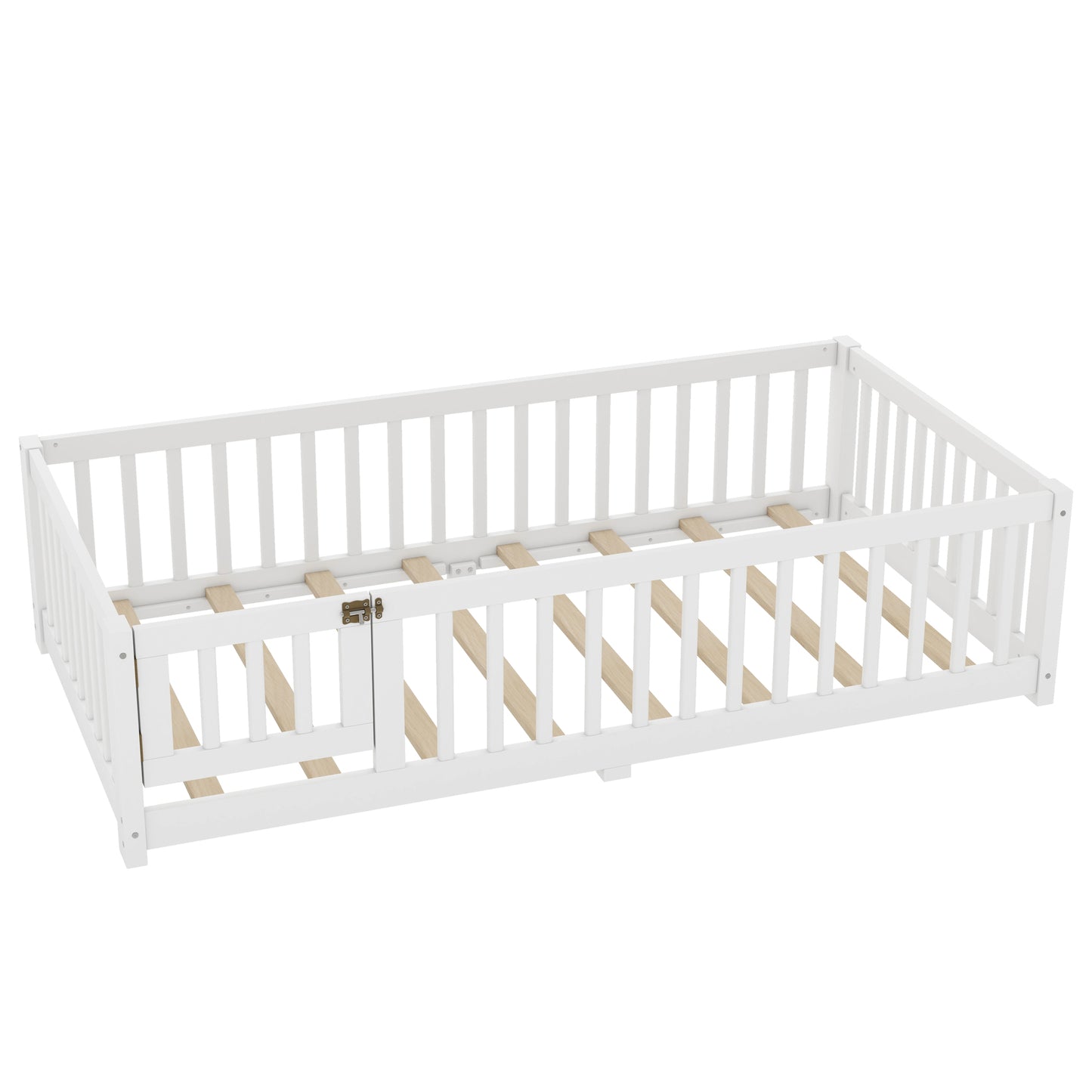 variant-group:rf-w1580p338944|Roomfitters Wooden Twin Floor Bed Frame with Door & Safety Guardrails, Low Platform Design for Bedroom or Playroom, White
