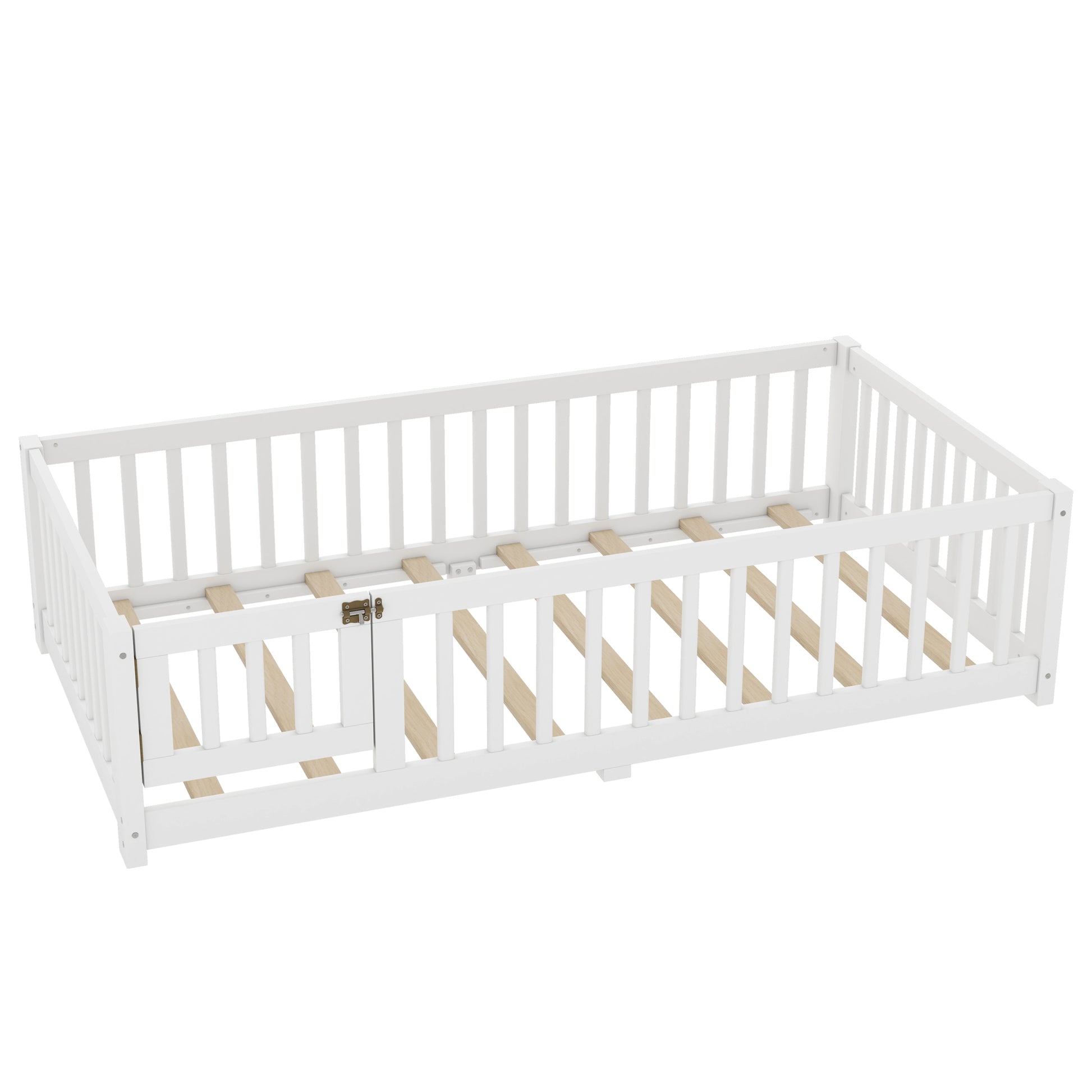 variant-group:rf-w1580p338944|Roomfitters Wooden Twin Floor Bed Frame with Door & Safety Guardrails, Low Platform Design for Bedroom or Playroom, White