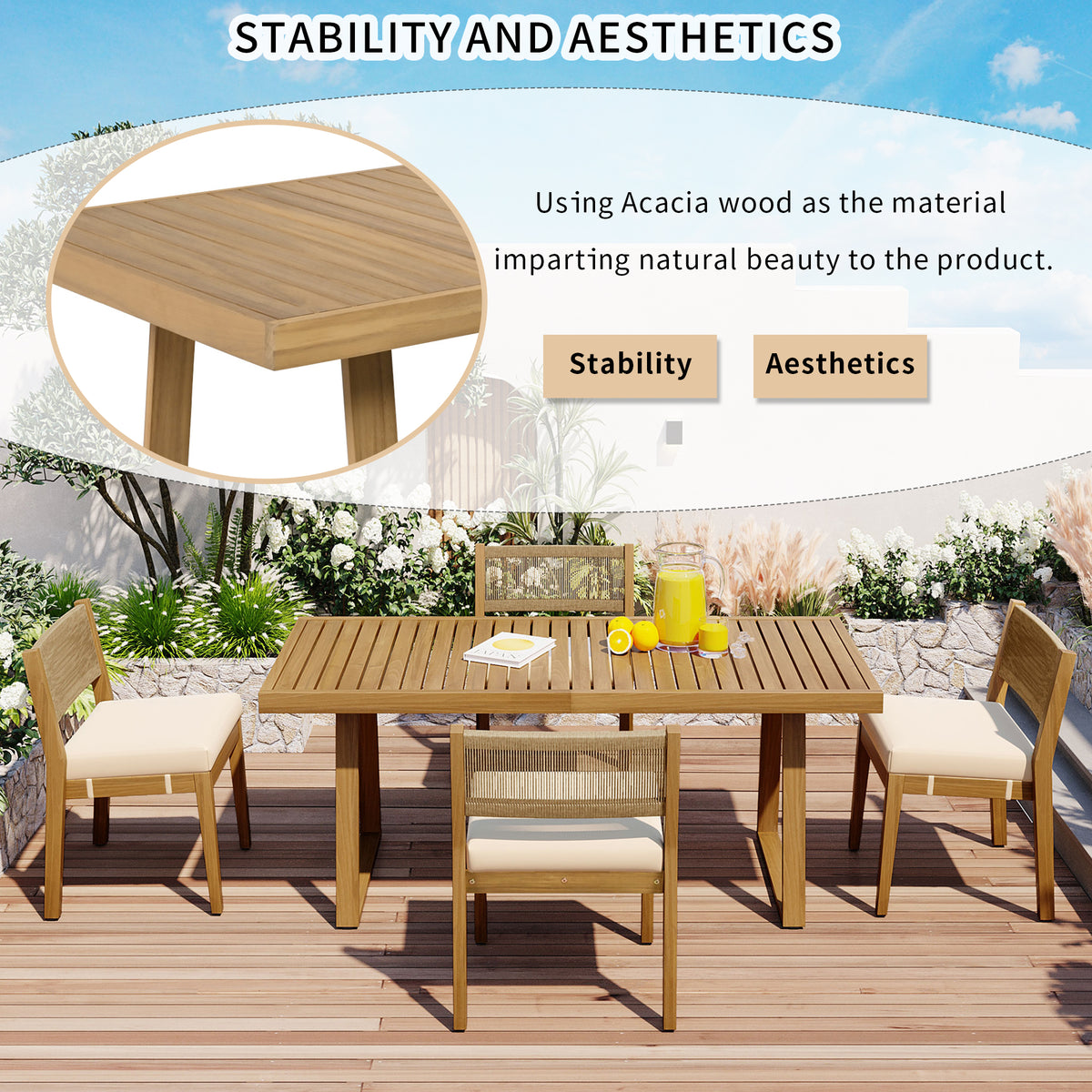 variant-group:rf-n711wy000393aaa|Roomfitters Outdoor Acacia Wood Dining Table and Chair Set with Thick Cushions, Patio Furniture for Garden, Beige