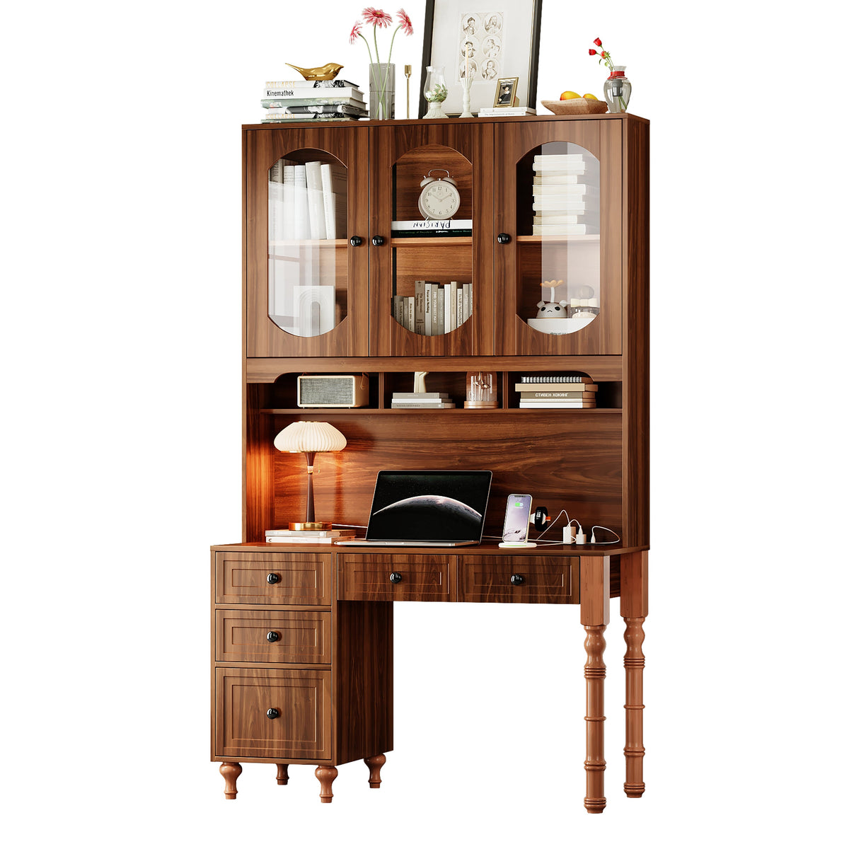 Roomfitters 47'' Retro Desk with Charging Ports and Hutch, Office Desk with 5 Storage Drawers and Glass Bookshelf, Walnut