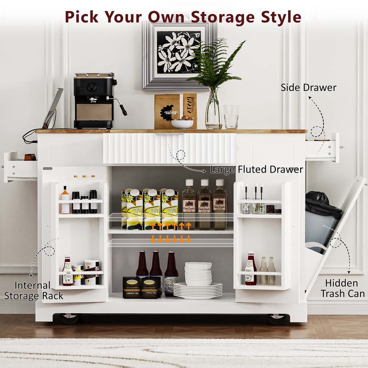 variant-group:rf-n707p221571w|Roomfitters Fluted Kitchen Island with Trash Can Cabinet, Power Outlet, Storage Rack, Rolling Cart with Open Side Racks, White
