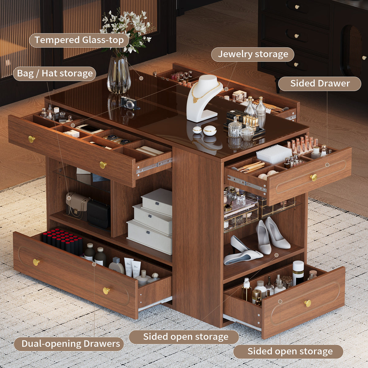 Roomfitters Closet Island with 6 Drawers, Glass Display Top and Open Shelves, Wardrobe Storage and Jewelry Vanity, Walnut