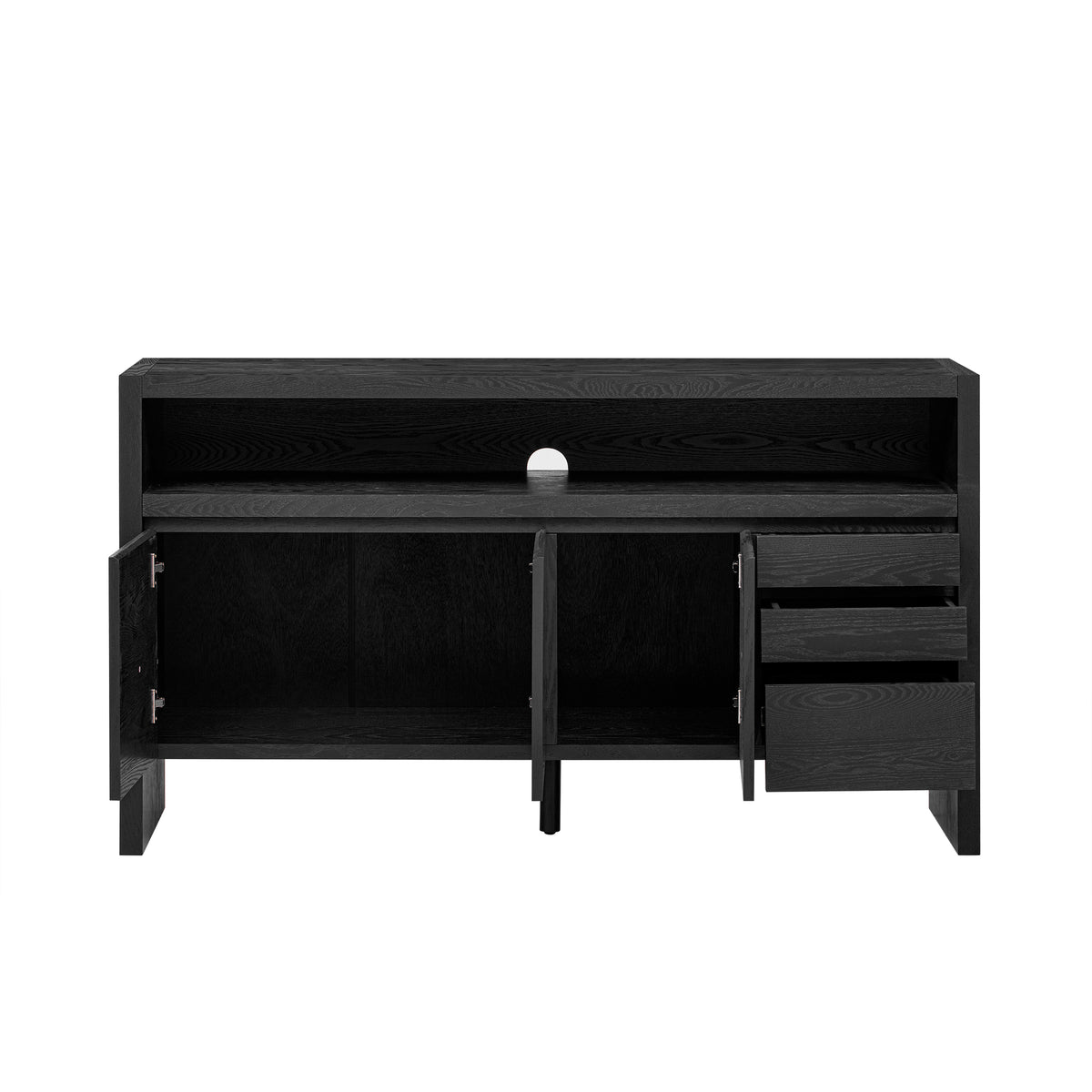 variant-group:rf-n711p289141b|Roomfitters 60" Modern Solid Wood Veneer Sideboard with 3 Doors & 3 Drawers, Open Shelf & Cable Cutout, Large Storage Cabinet for Dining, Hallway, Living Room, Black