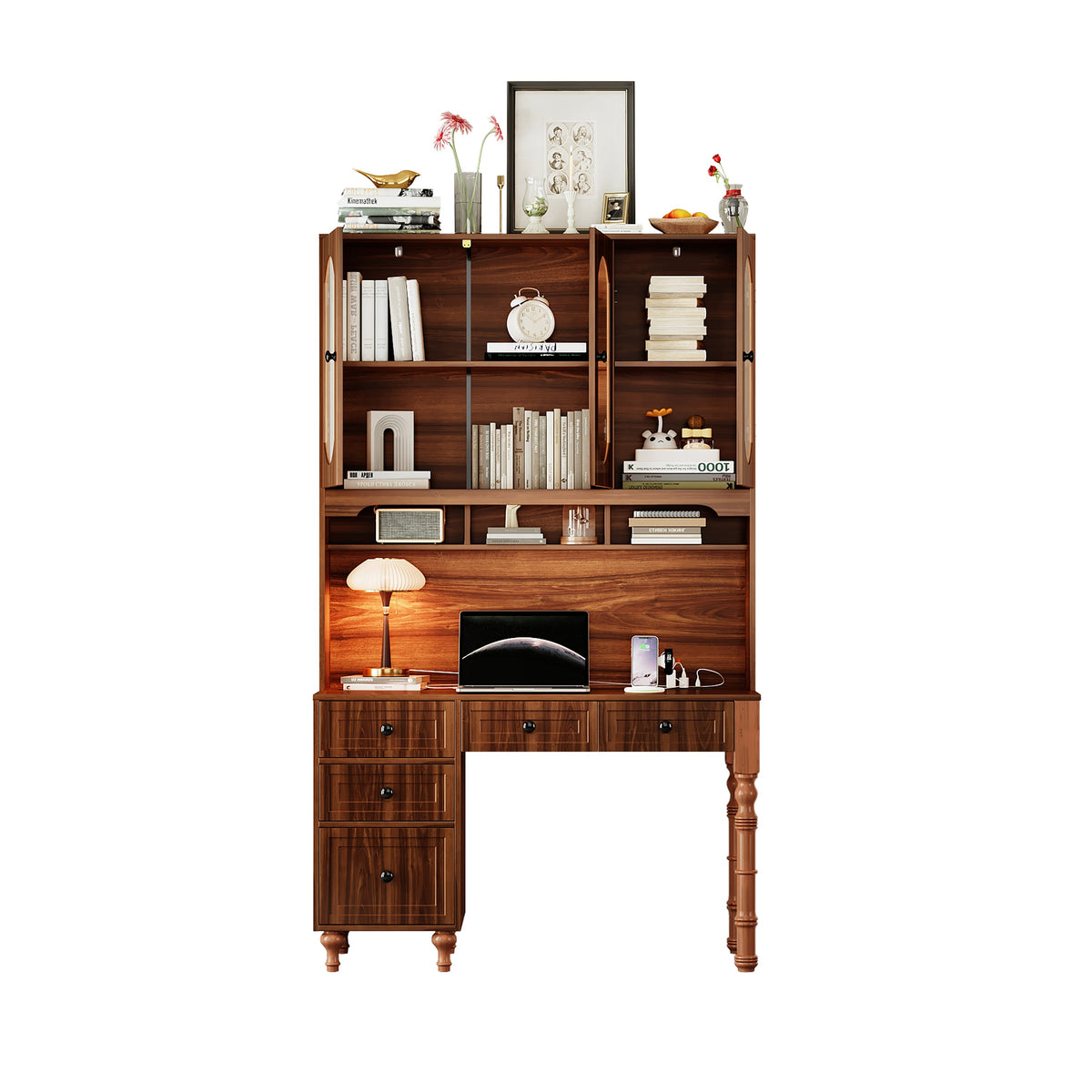 Roomfitters 47'' Retro Desk with Charging Ports and Hutch, Office Desk with 5 Storage Drawers and Glass Bookshelf, Walnut