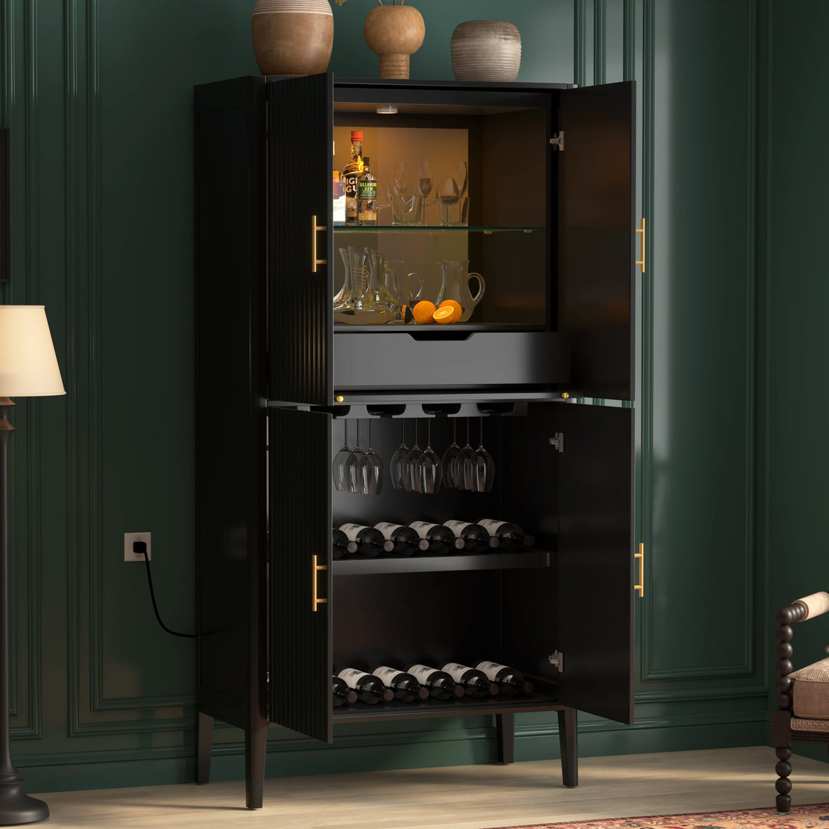 variant-group:rf-n711wy000539aab|Roomfitters Modern Black Fluted 4-Door Tall Wine Bar Storage Cabinet, Glass Display Rack, Built-In LED Lighting