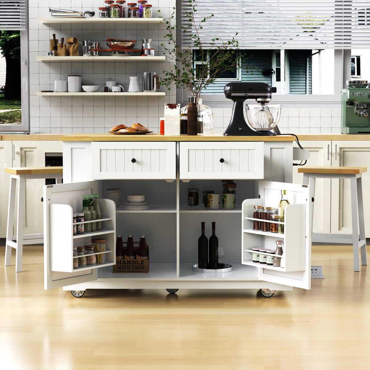 variant-group:rf-n707s257057w|Roomfitters 48" Kitchen Island with Power Outlet and Drop Leaf, Rolling Storage Cabinet with Wood Top and Spice Rack, White
