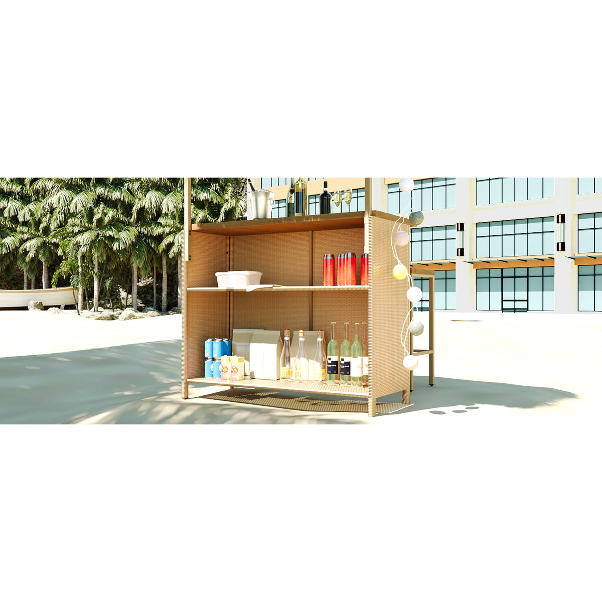 Roomfitters Bar Height Patio Set with PE Grass Canopy, Outdoor Bar Table and Stools, Hawaiian-style Acacia Wood Top, Natural Roomfitters