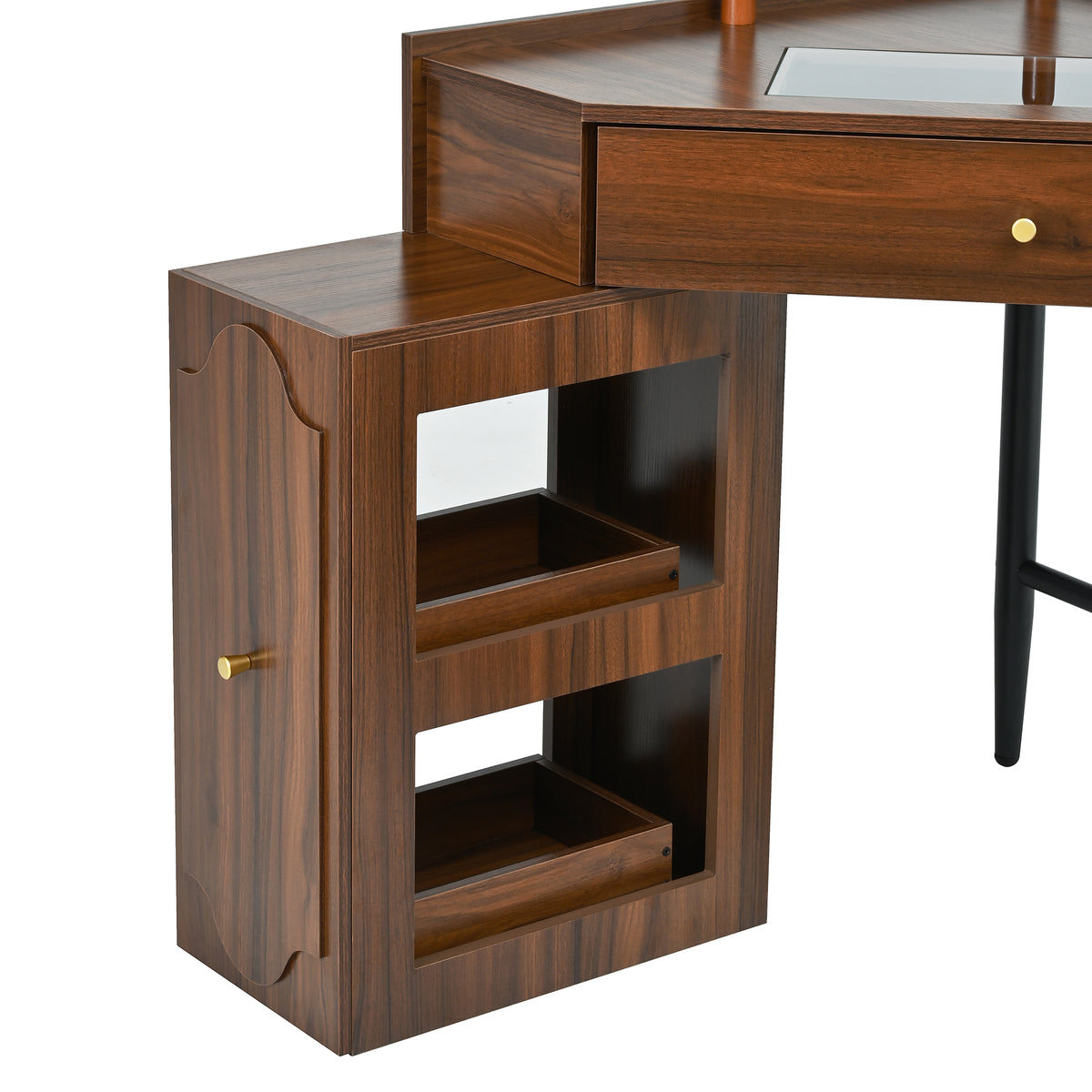 variant-group:rf-n733p336237d|Roomfitters Corner Vanity Desk Set with Stool, Charging Station, Glass Top, Drawer, Shelf, Pull-Out Cabinet, Walnut