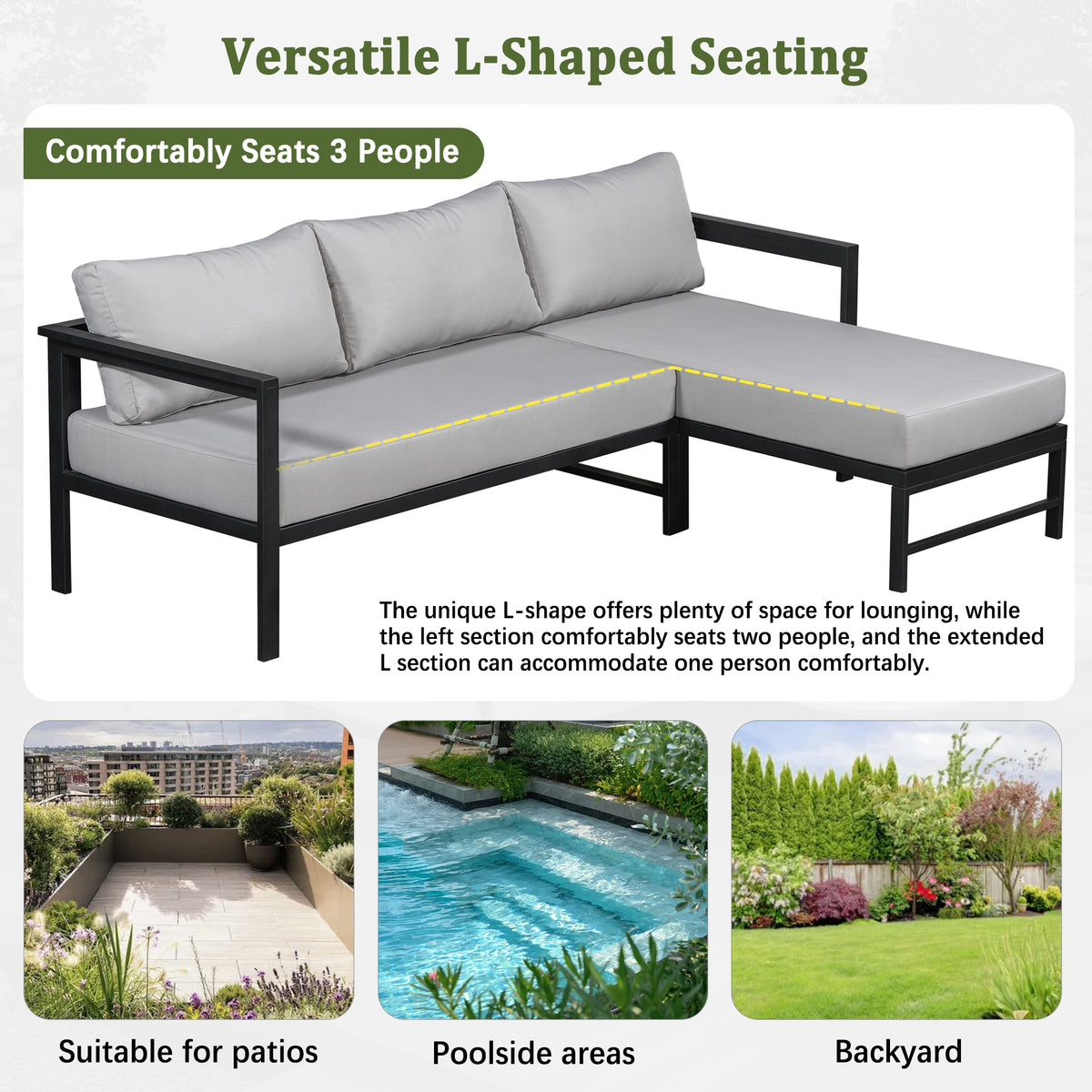 variant-group:rf-n711wy000480aae|Roomfitters Modern L-Shaped Outdoor Sectional Sofa, 3-Seater Patio Conversation Couch, Grey Cushions, Iron Frame Lounge