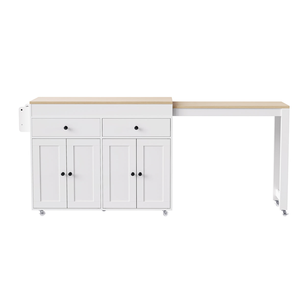 variant-group:rf-n707p333291w|Roomfitters 74.8" Rolling Kitchen Island with Extendable Dining Table, Mobile Cart with 4 Doors, 2 Drawers & Spice Rack, White