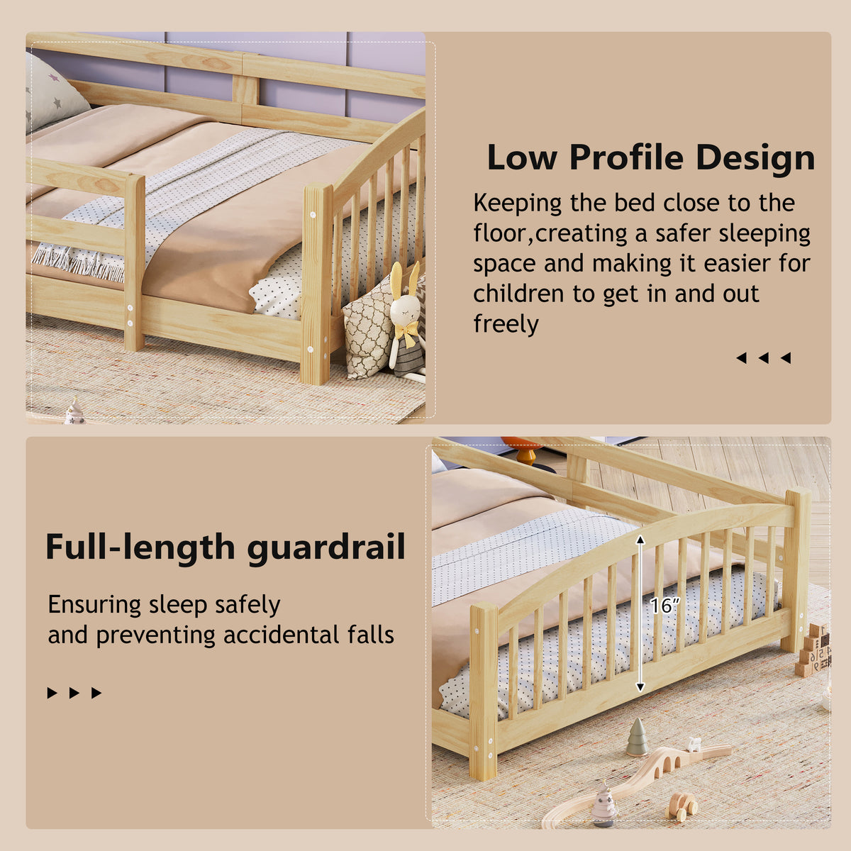 variant-group:rf-n733p400299n|Roomfitters Full Montessori Floor Bed with Guardrails, Solid Wood Low Platform Bed with Slats, Easy Assembly, Natural