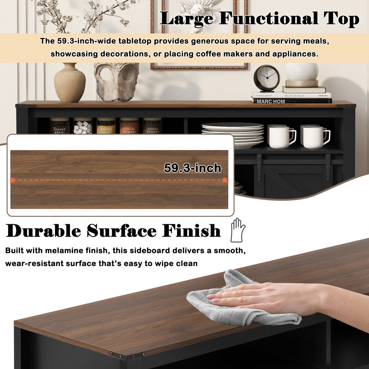 variant-group:rf-n711p347388b|Roomfitters 59.3" Sideboard Buffet Cabinet with Sliding Barn Doors, Modern Farmhouse Storage for Kitchen & Dining, Black