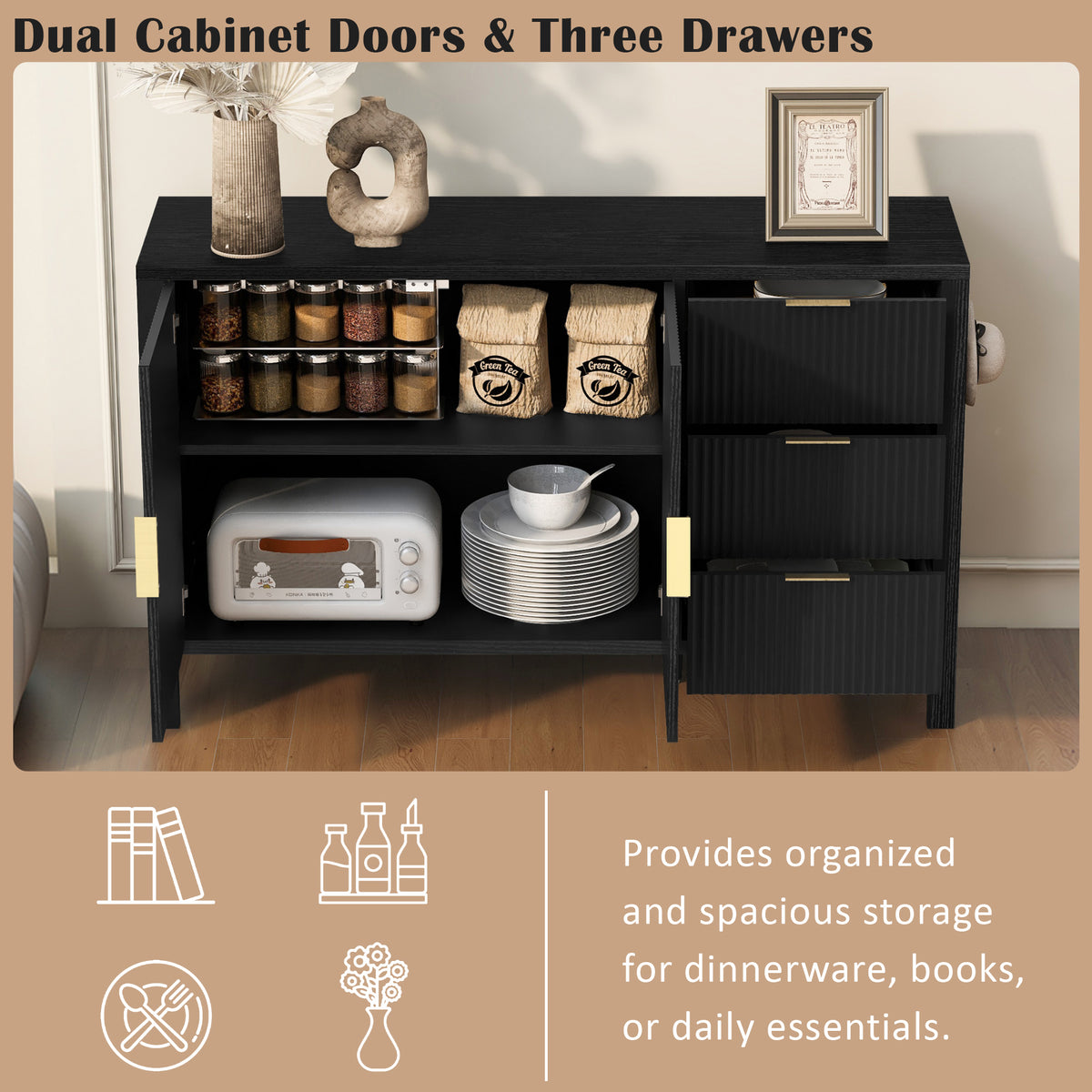 variant-group:rf-n711p345172b|Roomfitters Sideboard Buffet Cabinet with 3 Drawers, 2 Door Mid-century Fluted Accent Storage for Kitchen & Dining, Black