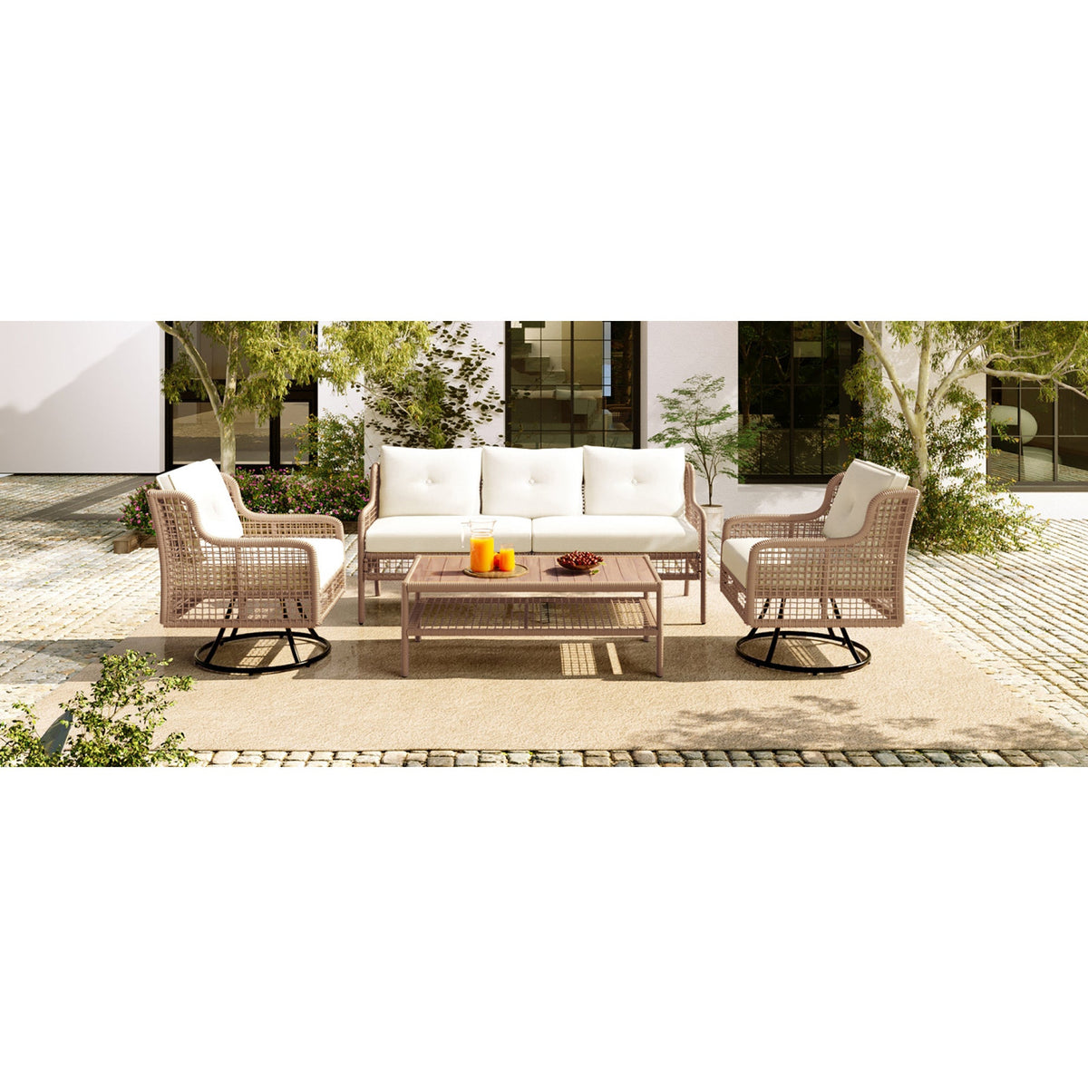 Roomfitters 4-Piece Patio Furniture Set with 360-Degree Swivel Rocking Chairs and Storage Coffee Table Beige Roomfitters