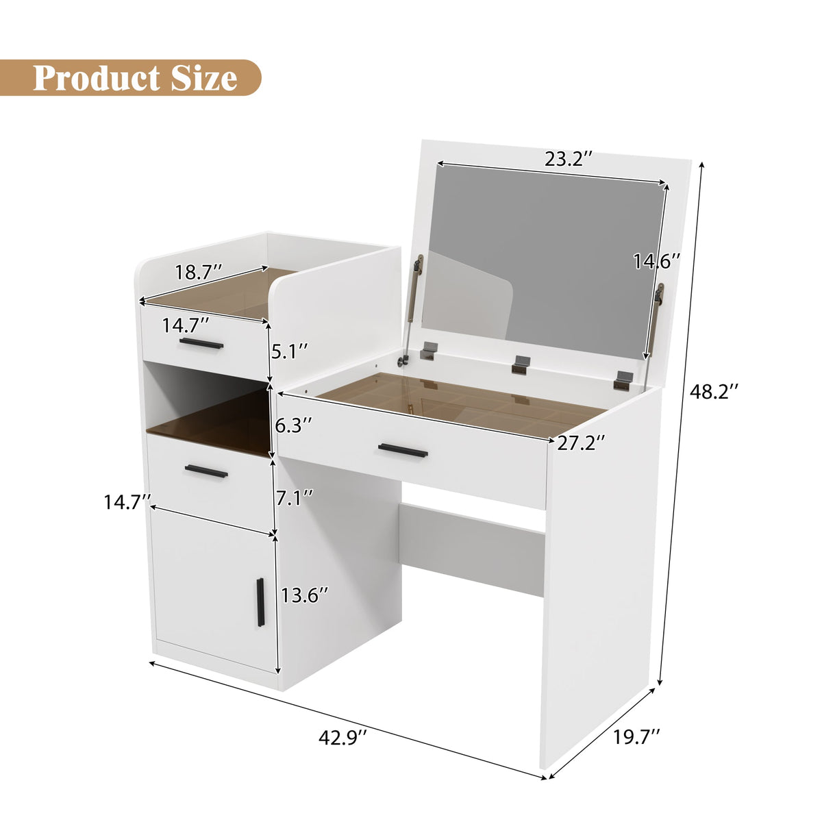 Roomfitters 3-in-1 Compact Space-Saving Vanity Desk with Flip Top Mirror and Amber Tempered Glass Top White Roomfitters