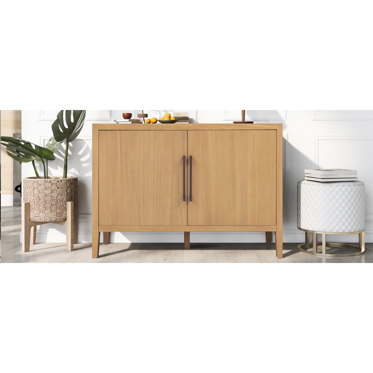 variant-group:rf-n711p410389o|Roomfitters 47.25-Inch Farmhouse Sideboard, 2-Door Buffet Cabinet, Natural Wooden Storage Console, Metal Handles