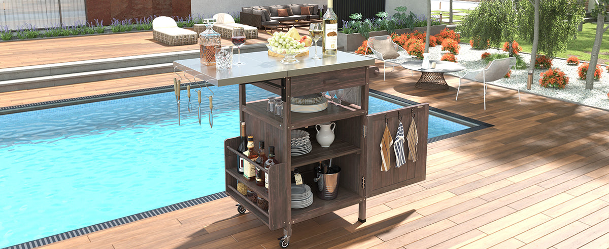 variant-group:rf-n707p228272z|Roomfitters 40.5" Outdoor Grill Cart with Stainless Steel Top, Wood Storage Cabinet, Drop Leaf, Rolling Cart, Brown