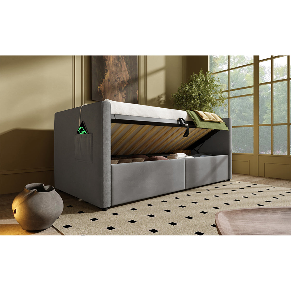variant-group:rf-n736p303402g|Roomfitters Upholstered Twin Size Daybed with Storage, USB & Type-C Charging, Tufted Sofa Back, Velvet Gray